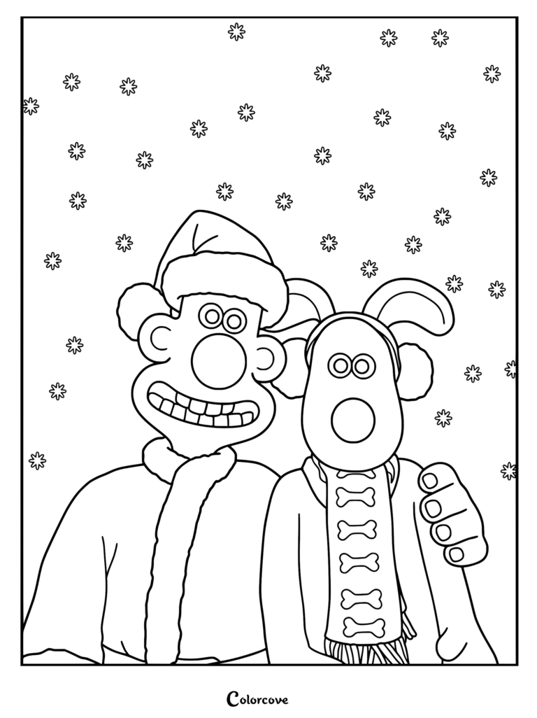Wallace and Gromit wearing a Santa hat and reindeer antlers, smiling under falling snowflakes in a festive line art coloring page.