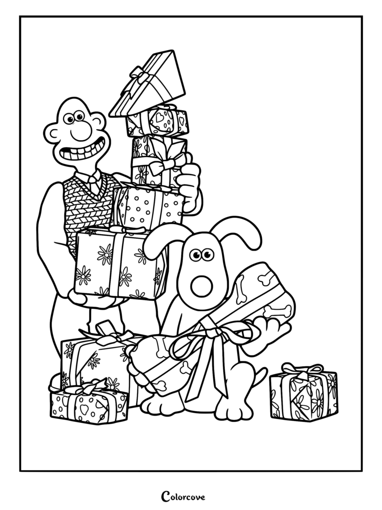 Wallace and Gromit coloring page featuring Wallace holding a tall stack of wrapped gifts and Gromit holding a bone-patterned present surrounded by more gift boxes.