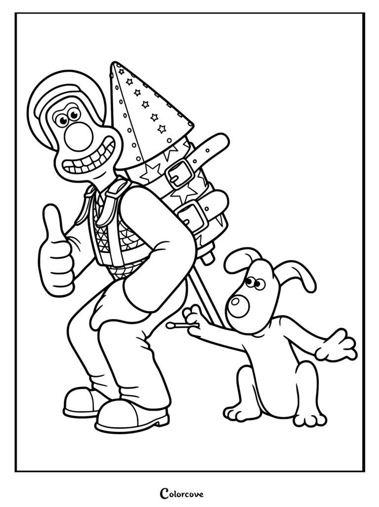 A printable coloring page featuring Wallace giving a thumbs up while wearing a star-patterned rocket backpack, with Gromit holding a lit match ready to ignite it.
