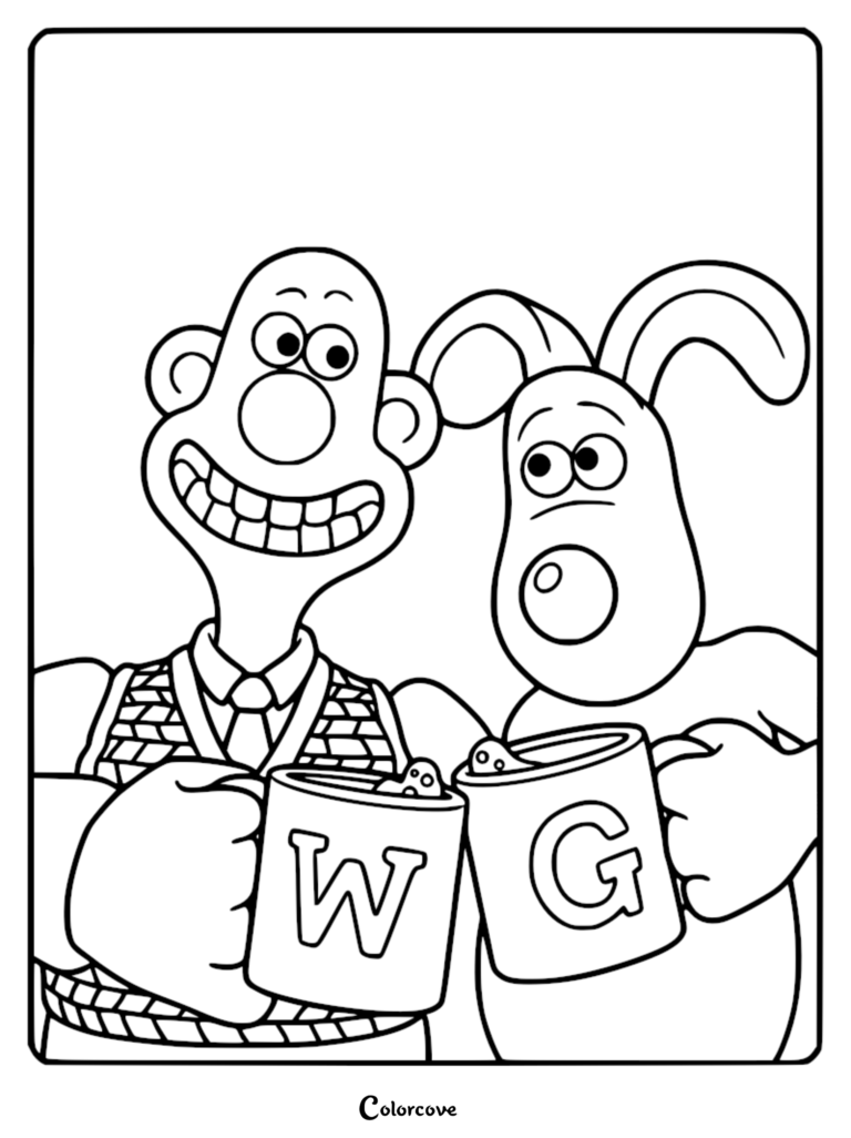A printable Wallace and Gromit coloring page featuring Wallace in a sweater vest and Gromit toasting with mugs labeled W and G.