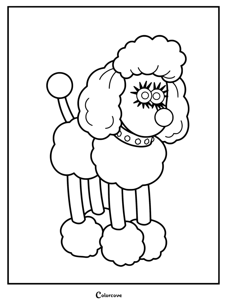 A black and white coloring page featuring Fluffles the curly-haired poodle from Wallace and Gromit with long eyelashes and a studded collar.