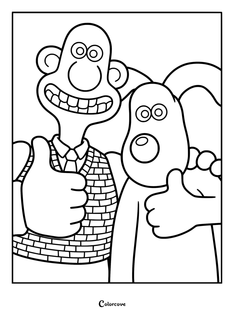 A printable coloring page featuring Wallace and Gromit side-by-side, both giving a thumbs up gesture.