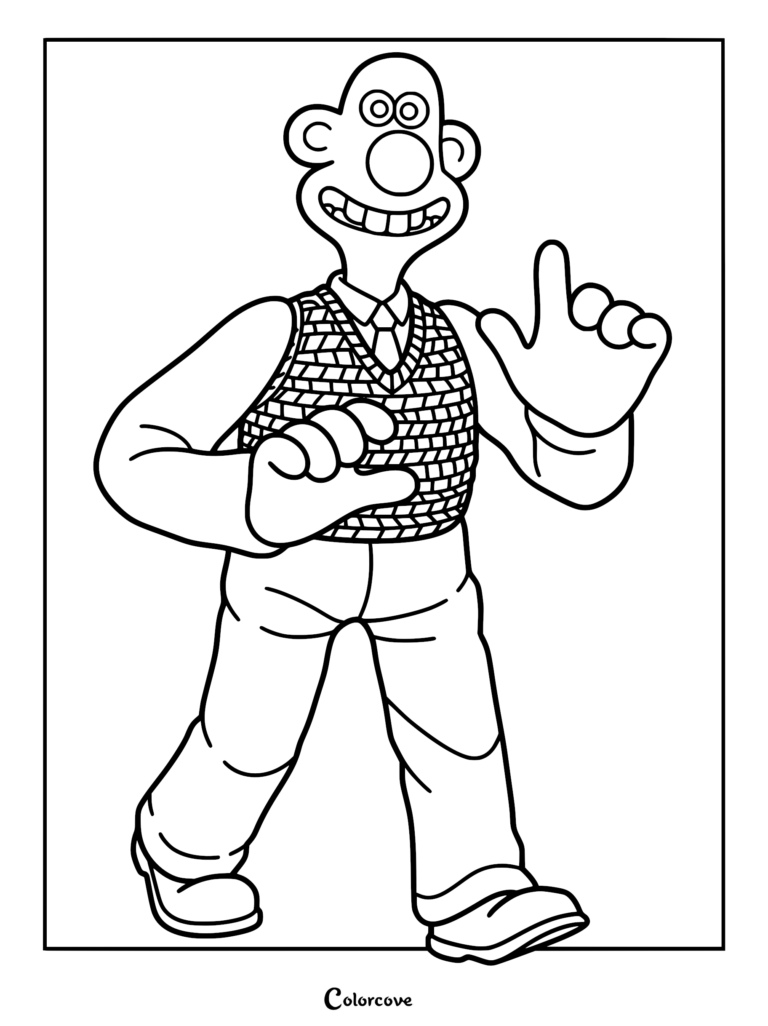 A printable coloring page of Wallace from Wallace and Gromit, wearing his signature knit sweater vest and shirt while gesturing with his hand.