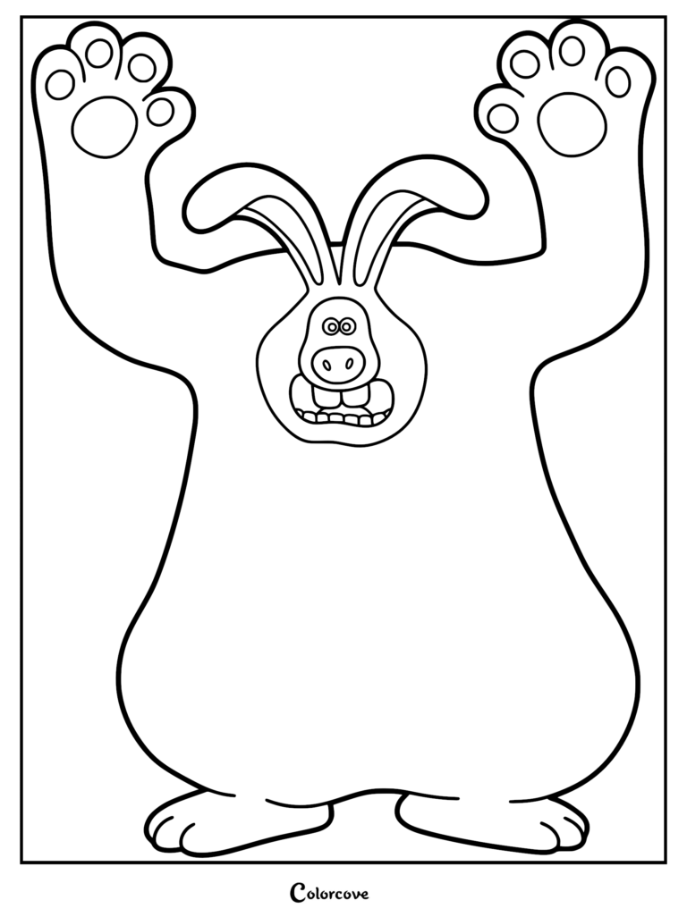The Were-Rabbit from Wallace and Gromit with arms raised high, shown as a simple black and white line art coloring page.