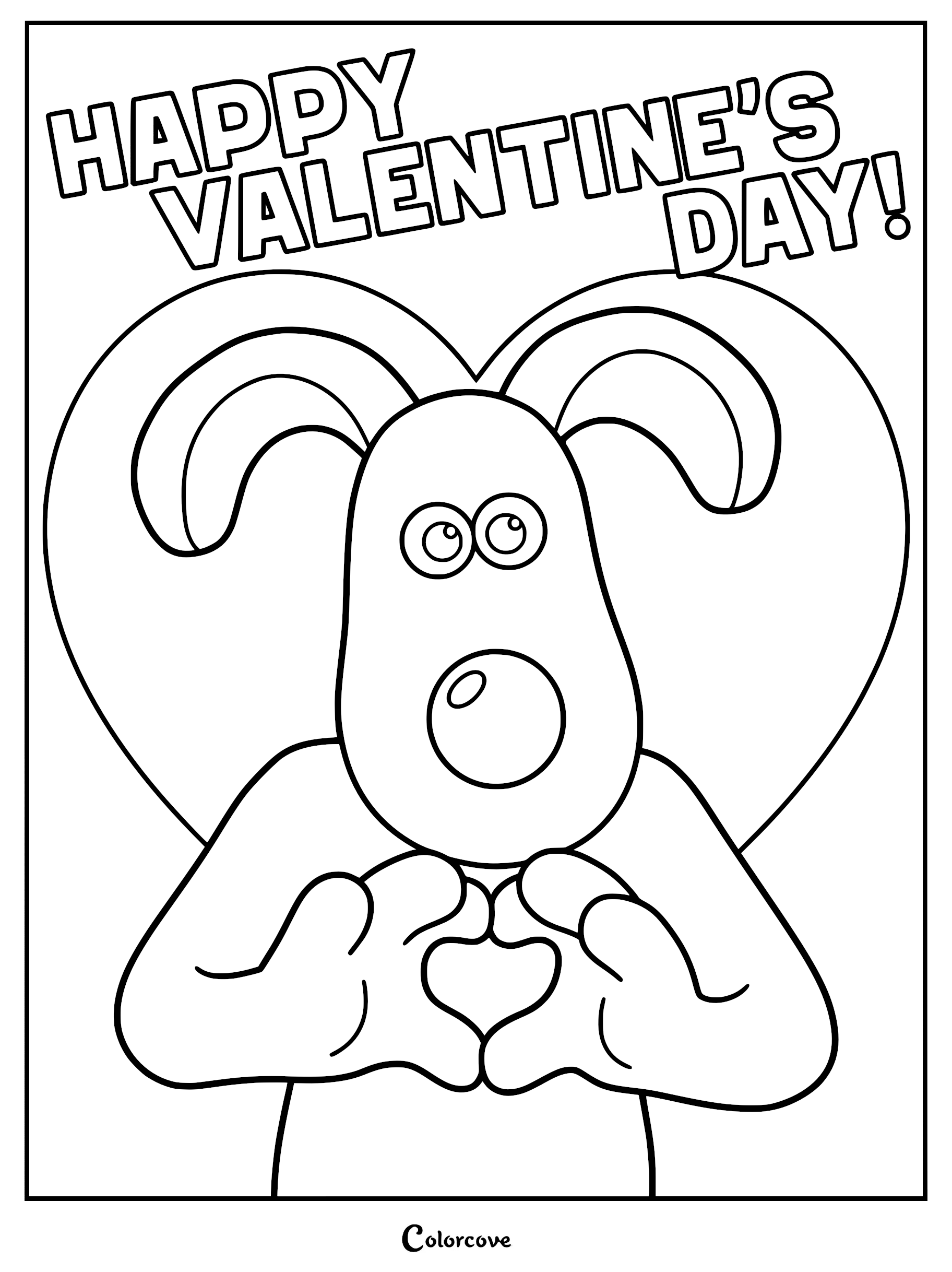 A printable coloring page featuring Gromit from Wallace and Gromit forming a heart with his paws in front of a large heart outline, with 'Happy Valentine's Day!' text above.