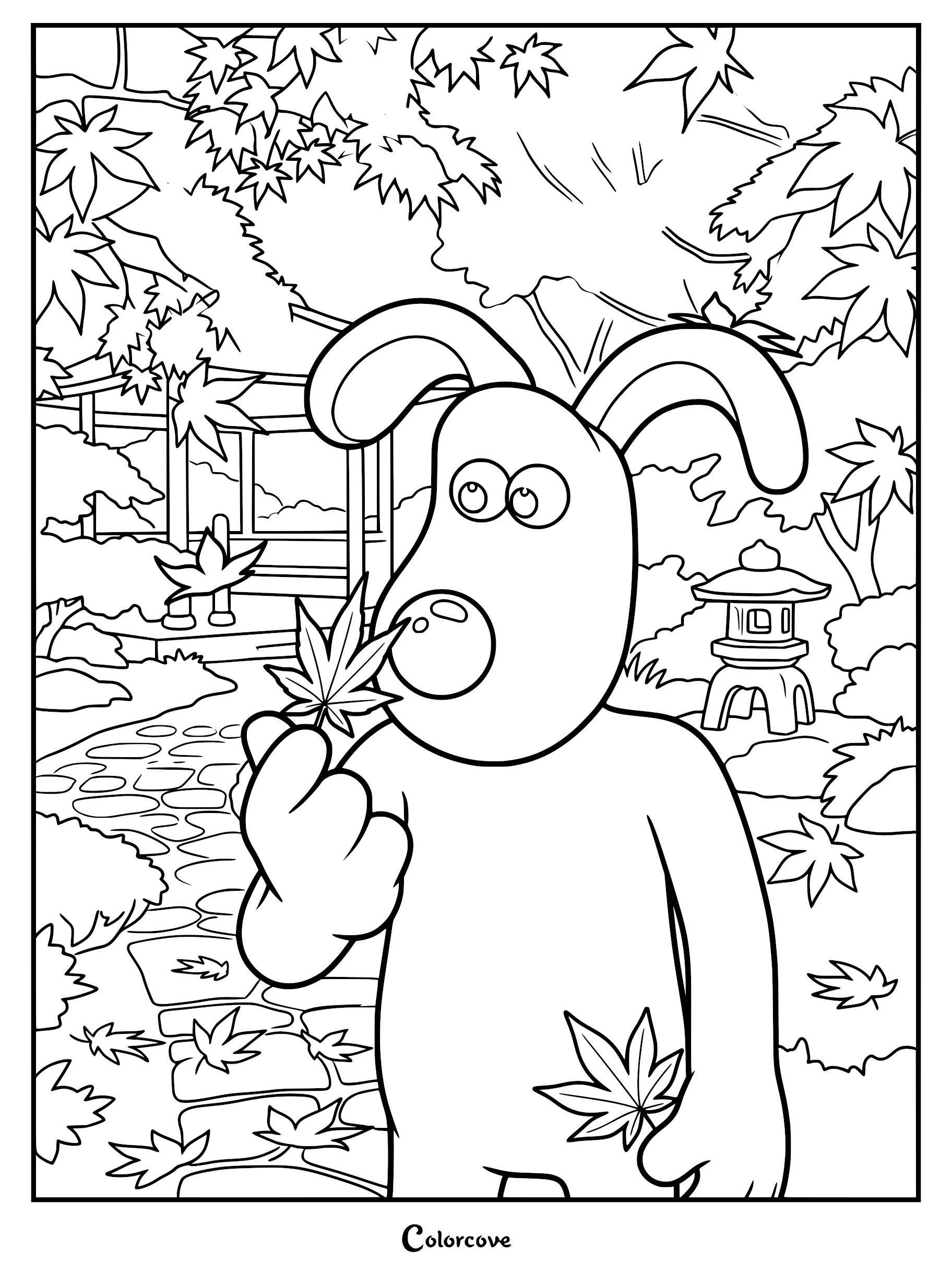 Gromit holding a maple leaf in a Japanese garden with a stone lantern and torii gate in the background, outline style coloring page.