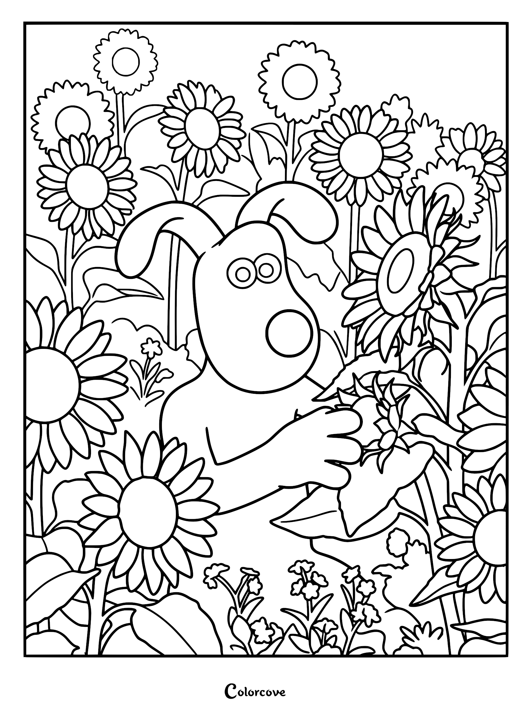 Gromit the dog standing and examining a sunflower in a lush garden, printable line art coloring page.