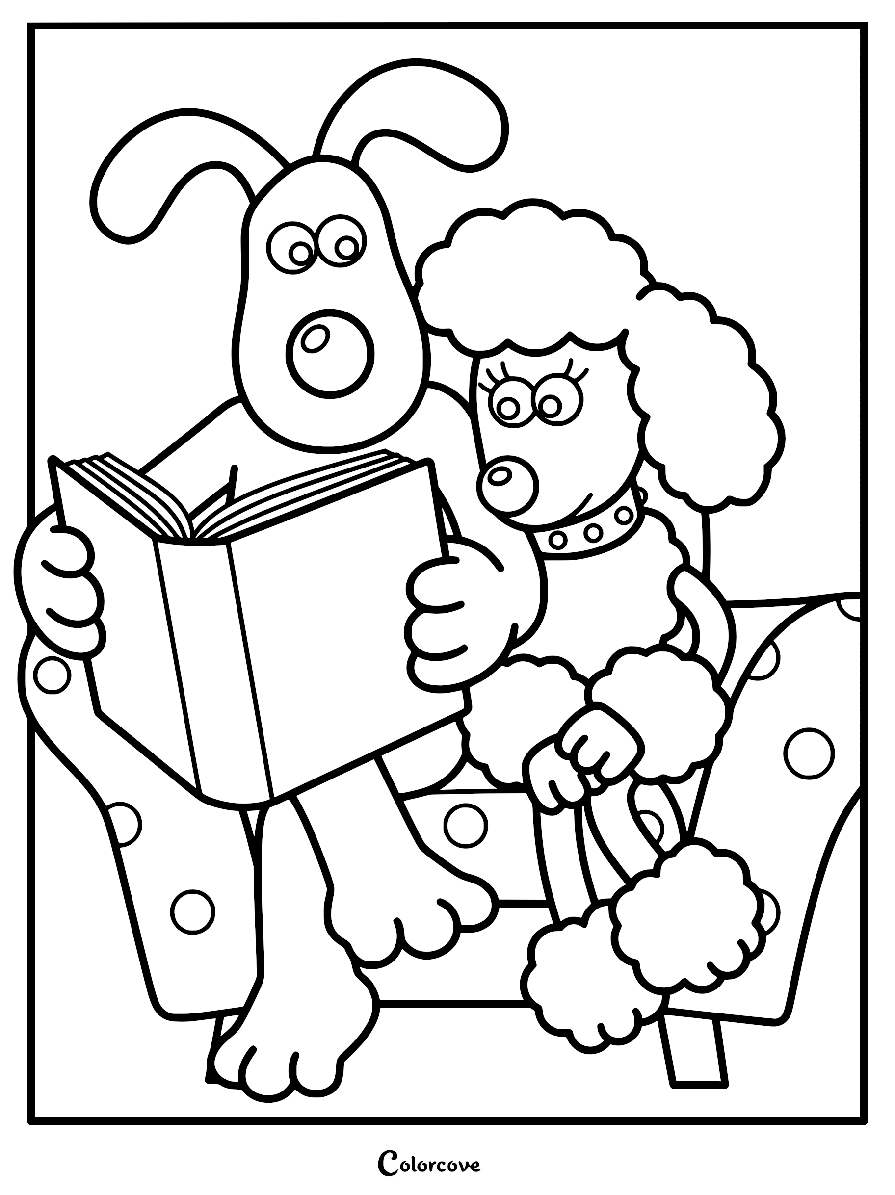 Gromit and Fluffles sitting together on a polka-dot armchair reading a book in this detailed Wallace and Gromit coloring page.