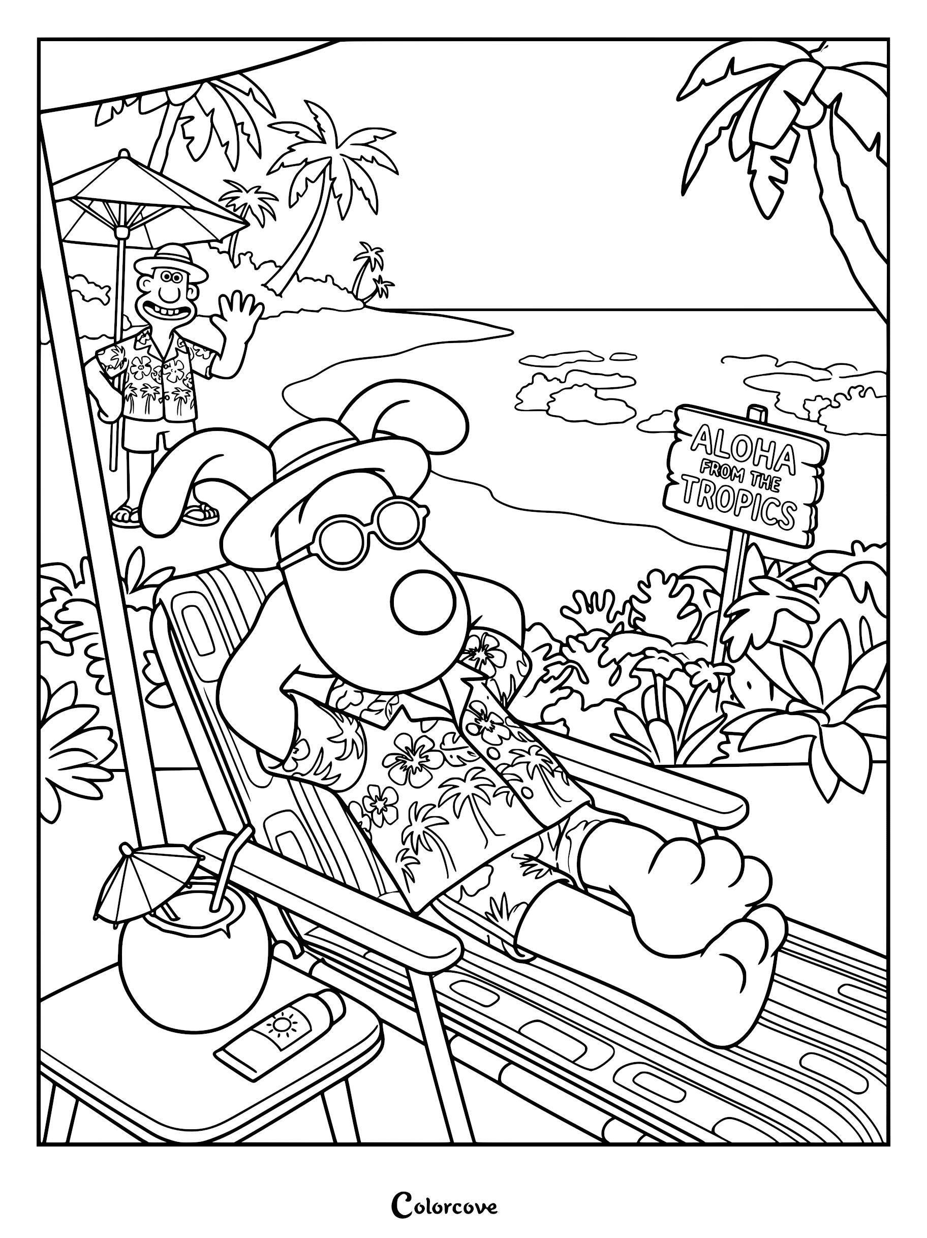 Gromit wearing a sun hat, floral shirt, and sunglasses relaxing in a beach chair next to a coconut drink on a tropical beach while Wallace waves in the background in this printable coloring page.
