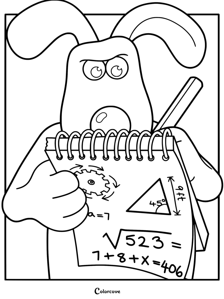 Gromit from Wallace and Gromit holding a spiral notepad with geometry equations and a gear sketch, black and white line art coloring page.