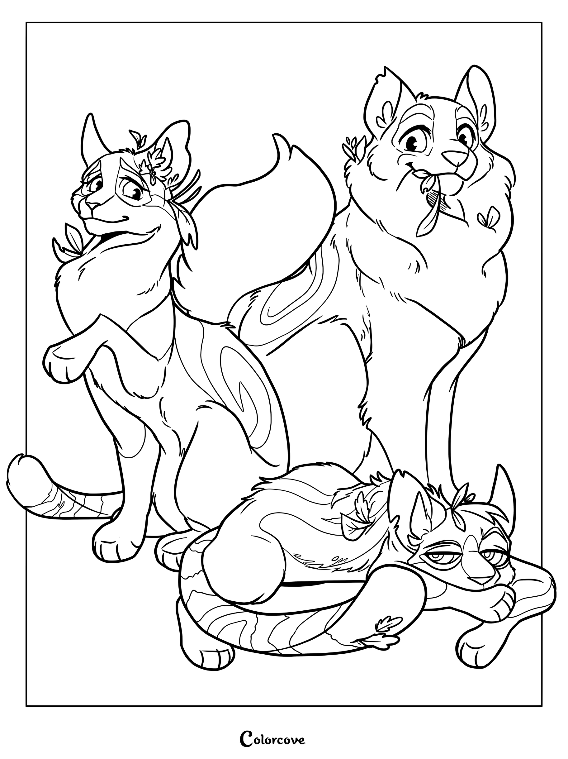 Dibujo para colorear e imprimir con Corazón de Aliso, Hoja Acuática y Glayo de Los Gatos Guerreros.