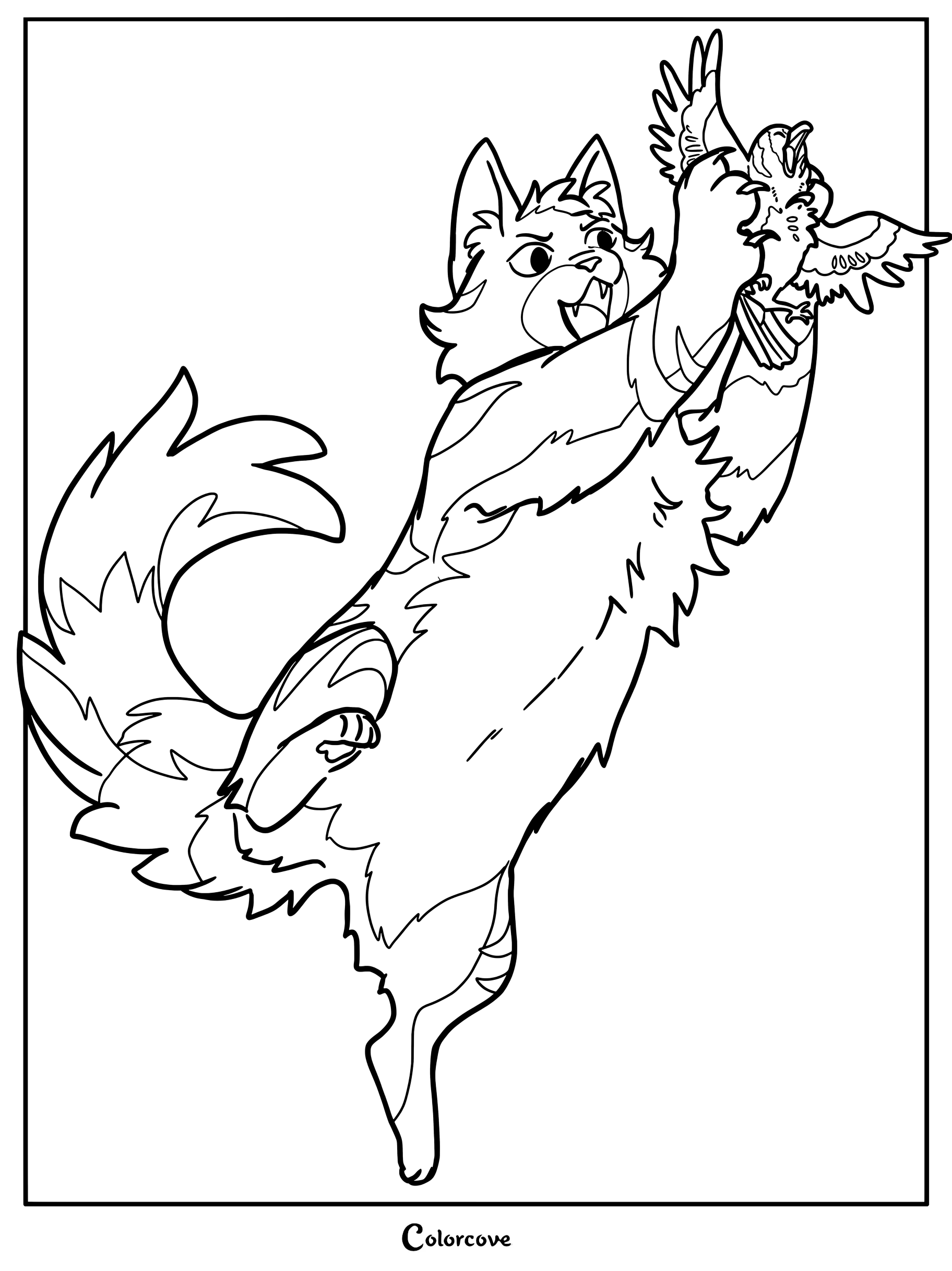 Feathertail saltando para atrapar un pájaro en este dibujo para colorear de Los Gatos Guerreros.