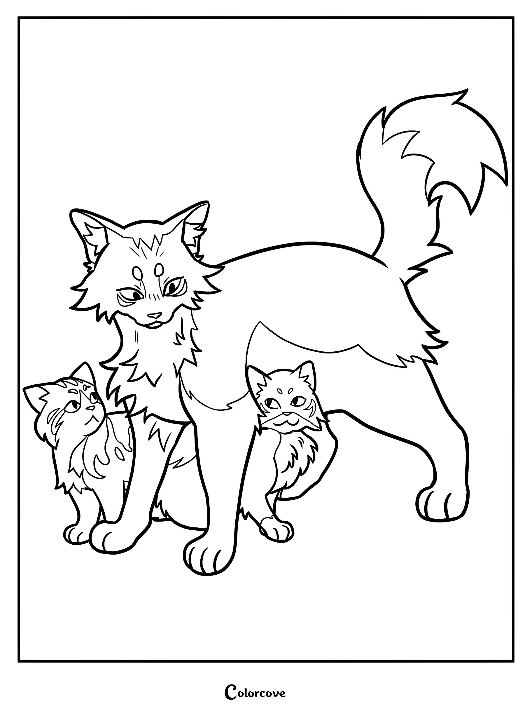 Dibujo para colorear de Los Gatos Guerreros con Estrella de Fuego de pie con orgullo junto a las pequeñas cachorras Pequeña Esquirolina y Pequeña Hoja Acuática.