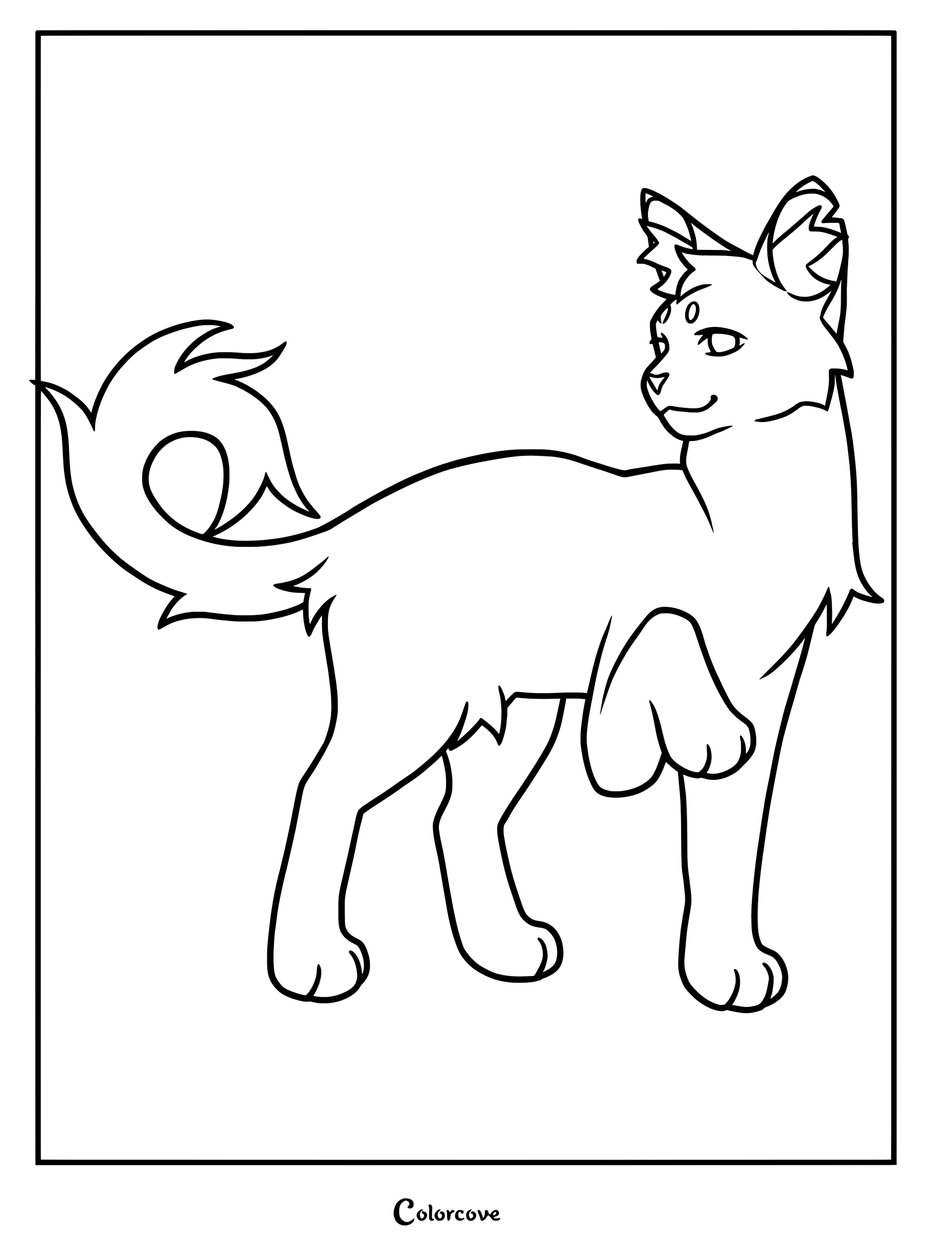 Dibujo para colorear e imprimir de Los Gatos Guerreros con Estrella de Fuego de pie con la cola curvada y girando la cabeza.