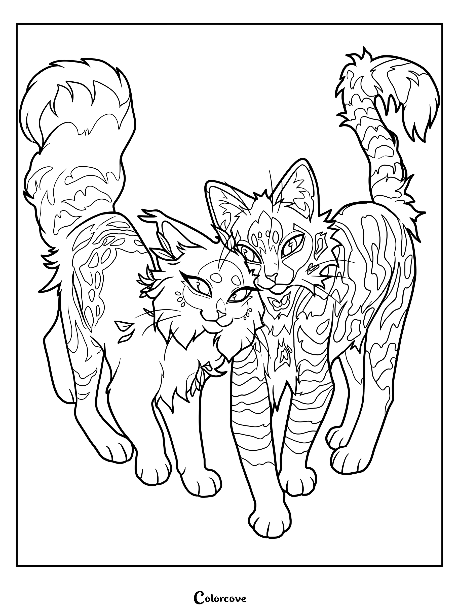Zarpa de Espino y Esquirolina juntos de pie en este dibujo para colorear de Los Gatos Guerreros.