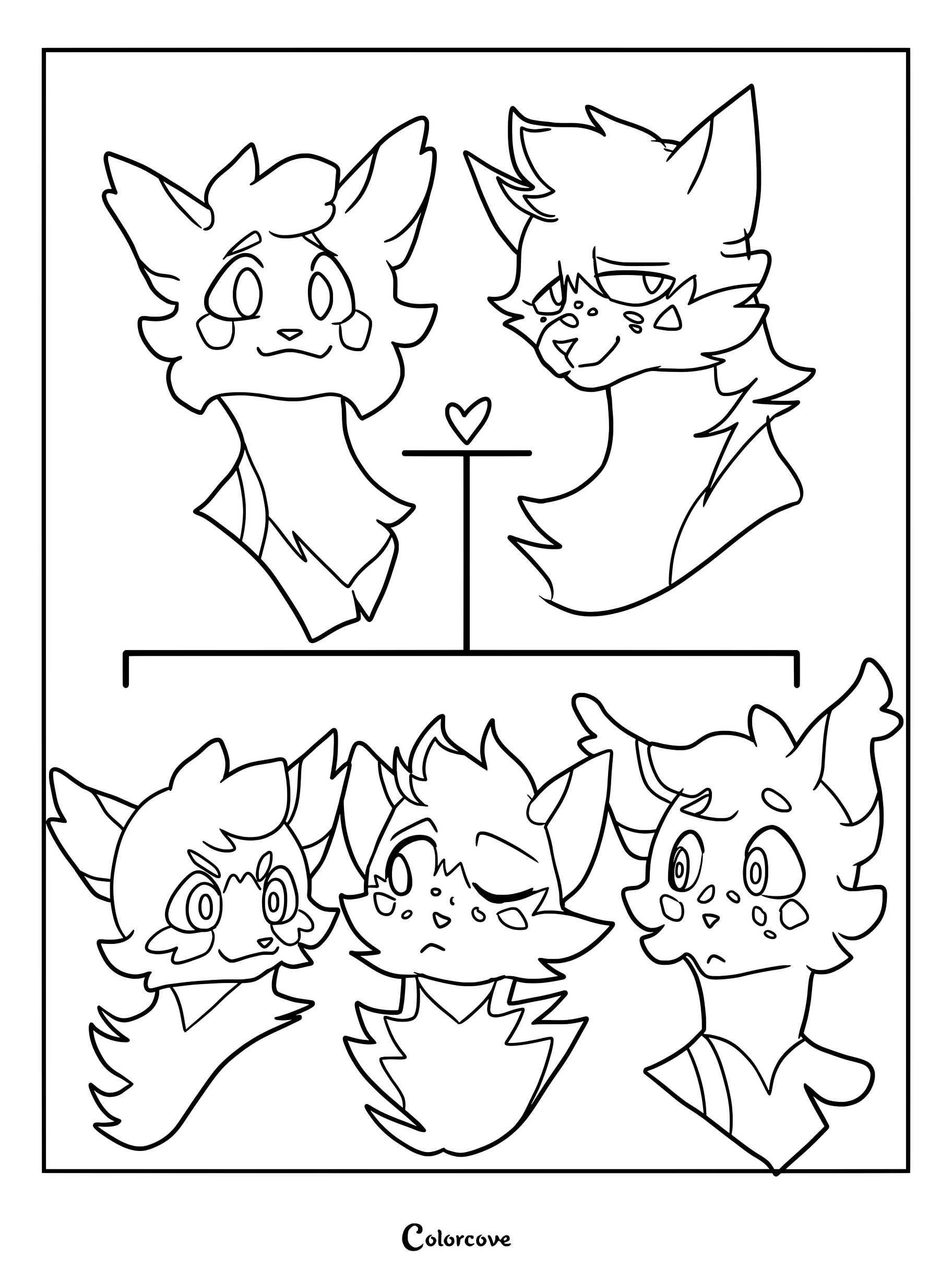 Dibujo para colorear e imprimir de Los Gatos Guerreros con Ala Gris y Cola de Tortuga junto a sus cachorros Ojos de Búho, Pelaje de Gorrión y Corazón de Guijarro.