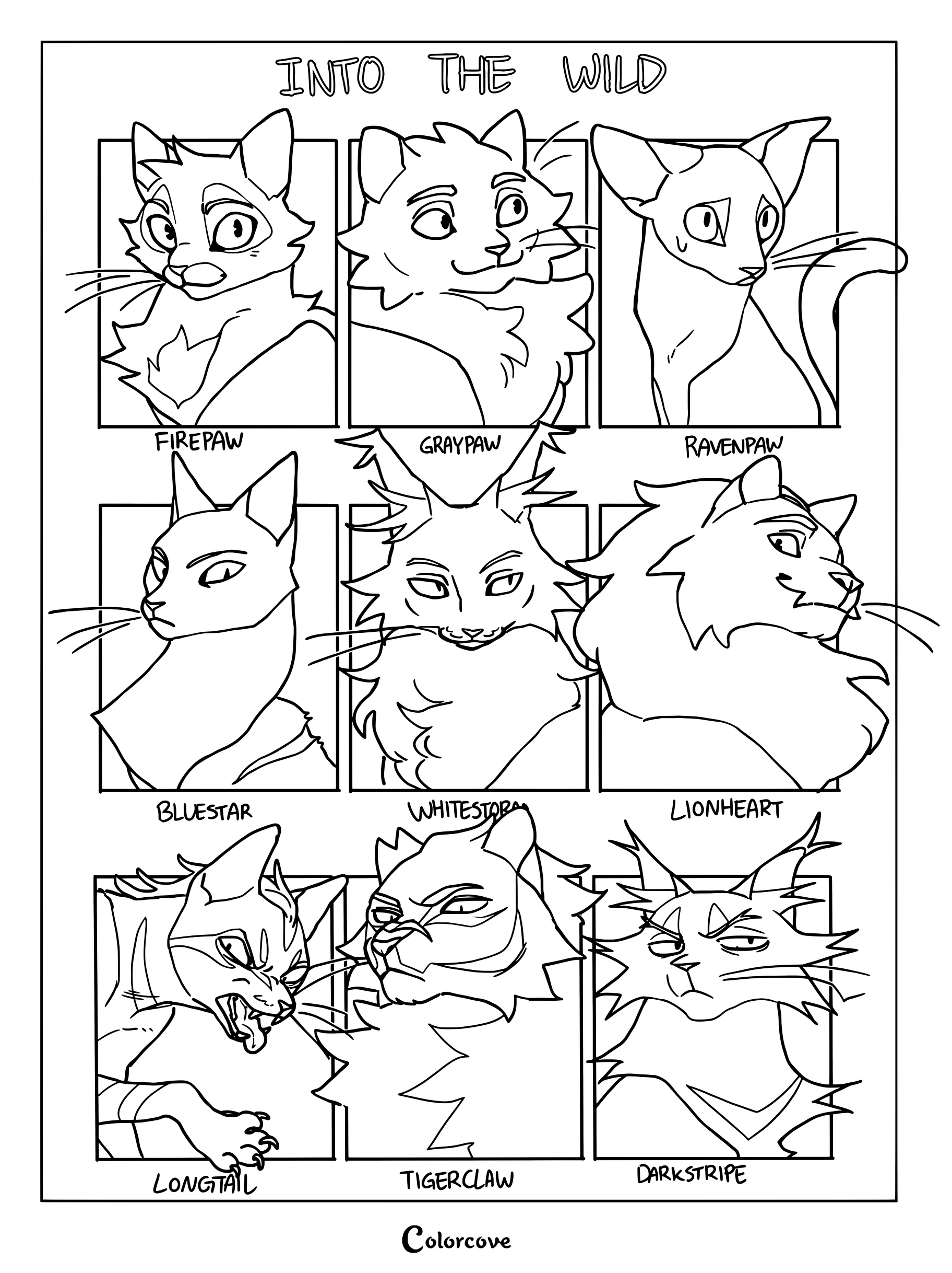 Página para colorear de los personajes de Los Gatos Guerreros: En el territorio salvaje, con Zarpa de Fuego, Zarpa Gris, Cuervo, Estrella Azul, Tormenta Blanca, Corazón de León, Cola Larga, Garra de Tigre y Manto Oscuro.