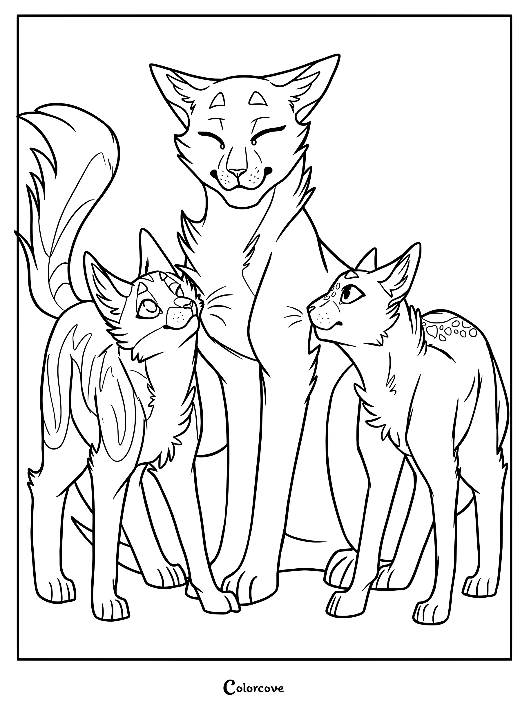 Dibujo para colorear e imprimir de Los Gatos Guerreros con Hoja Acuática, Estrella de Fuego y Esquirolina juntos.