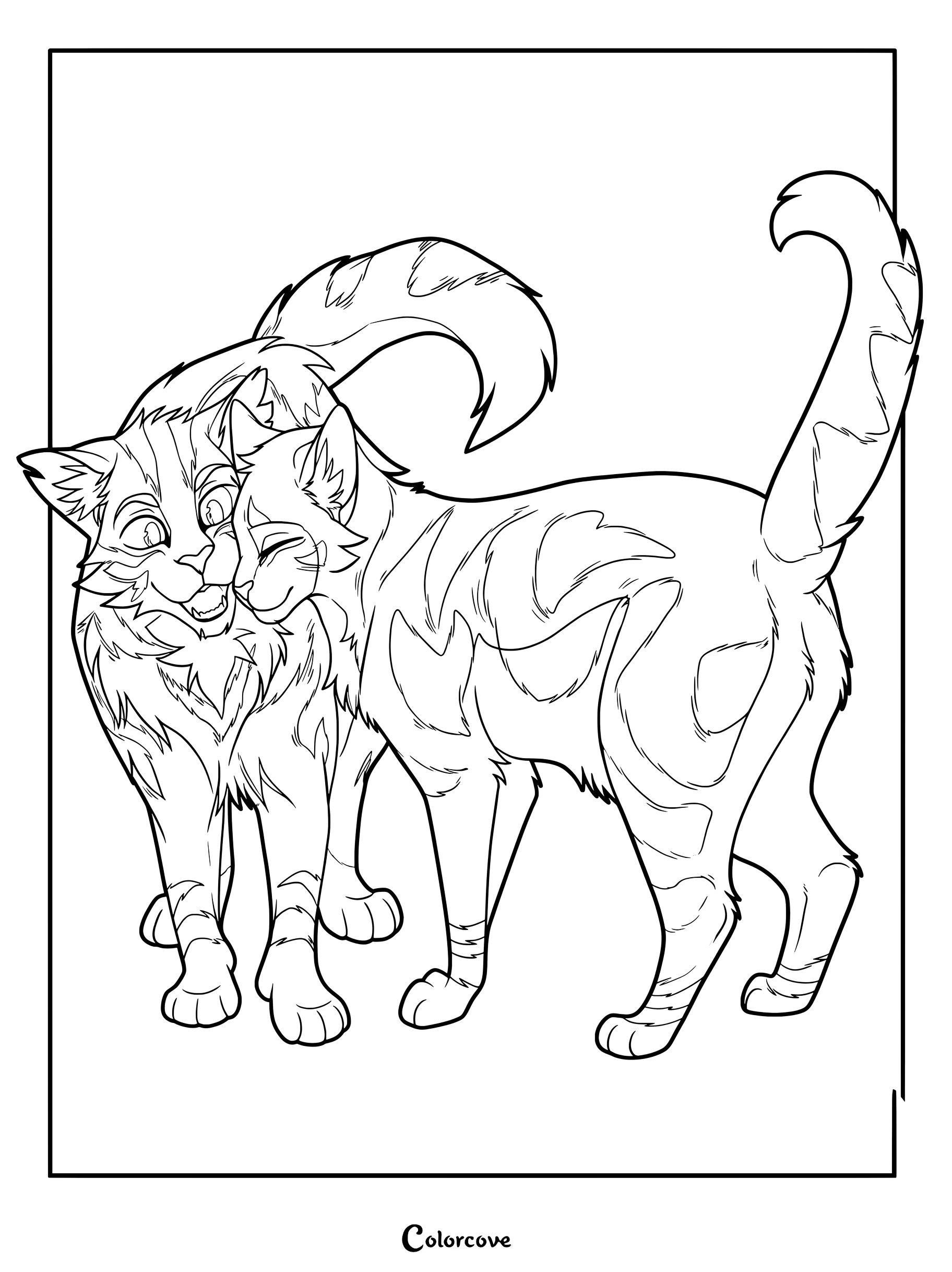 Dibujo para colorear de Leonado y Corazón de Ceniza con personajes de Los Gatos Guerreros acurrucándose cariñosamente.
