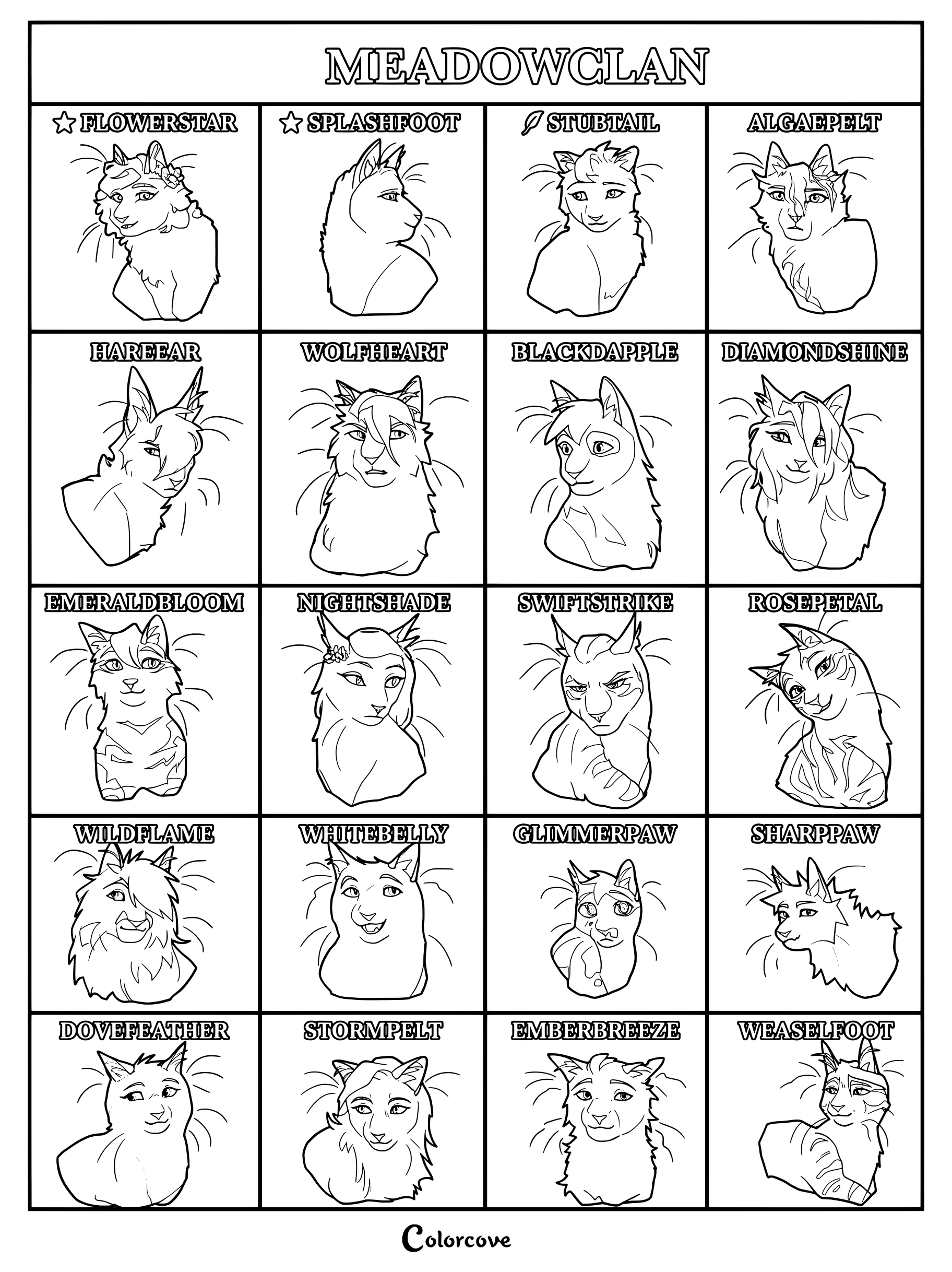 Página para colorear imprimible de Los Gatos Guerreros con una lista de personajes del Clan de los Prados, incluyendo a Estrella de Flor y Pata Chapoteante.