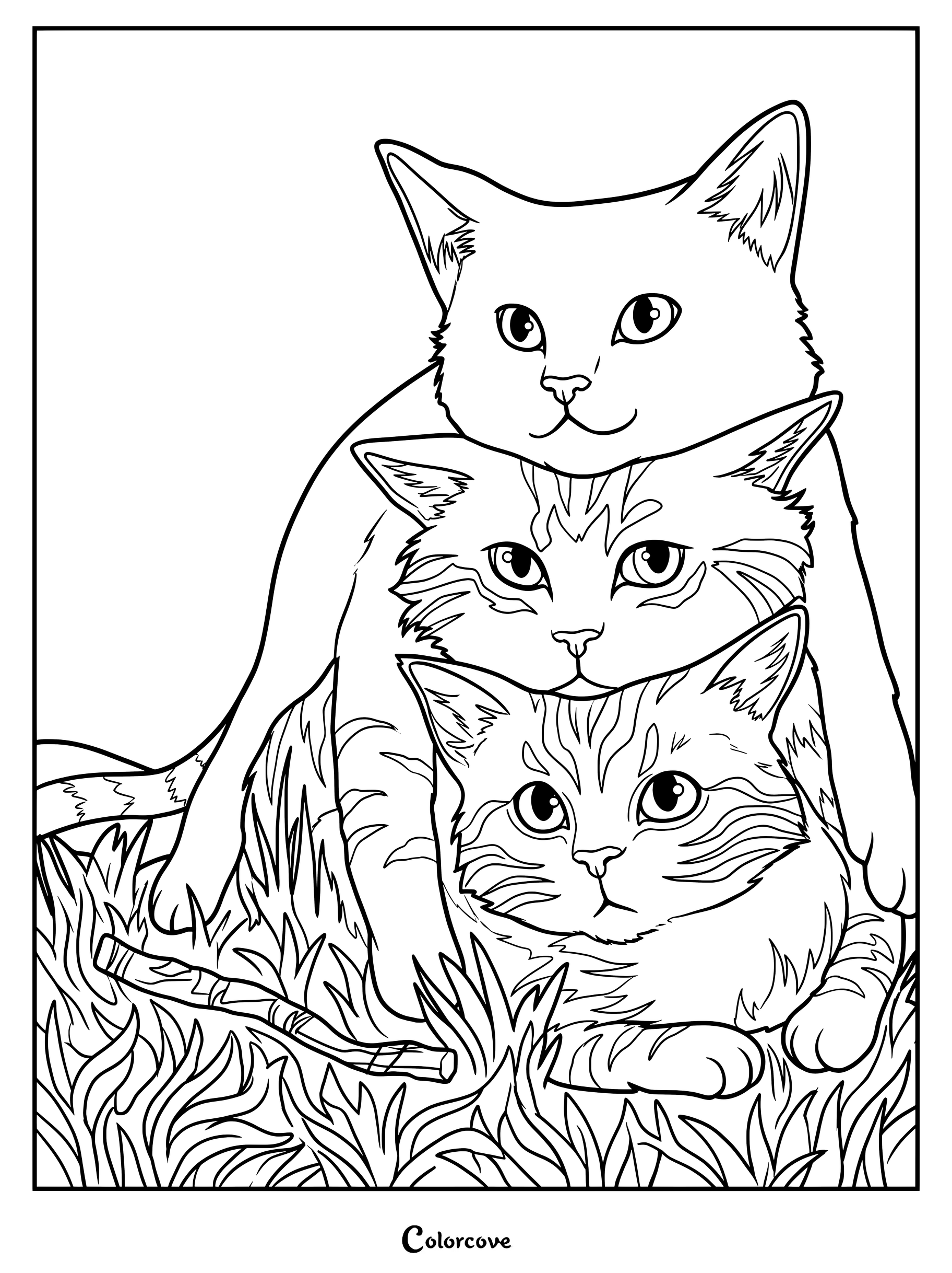 Dibujo para colorear e imprimir con el trío original de Látigo Gris, Corazón de Fuego y Cuervo de la saga de libros de Los Gatos Guerreros.