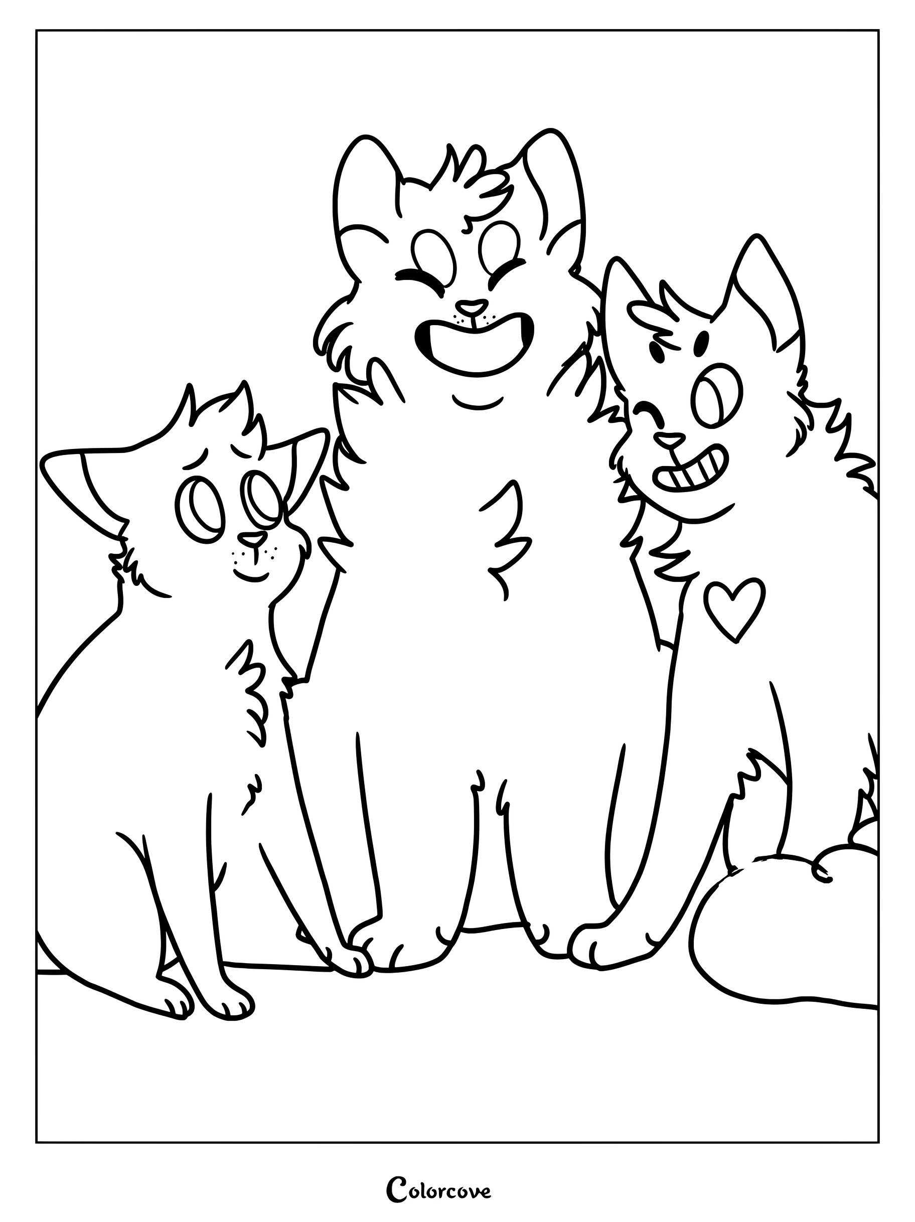 Dibujo para colorear e imprimir del trío original de la saga de libros de Los Gatos Guerreros con Látigo Gris, Corazón de Fuego y Cuervo.