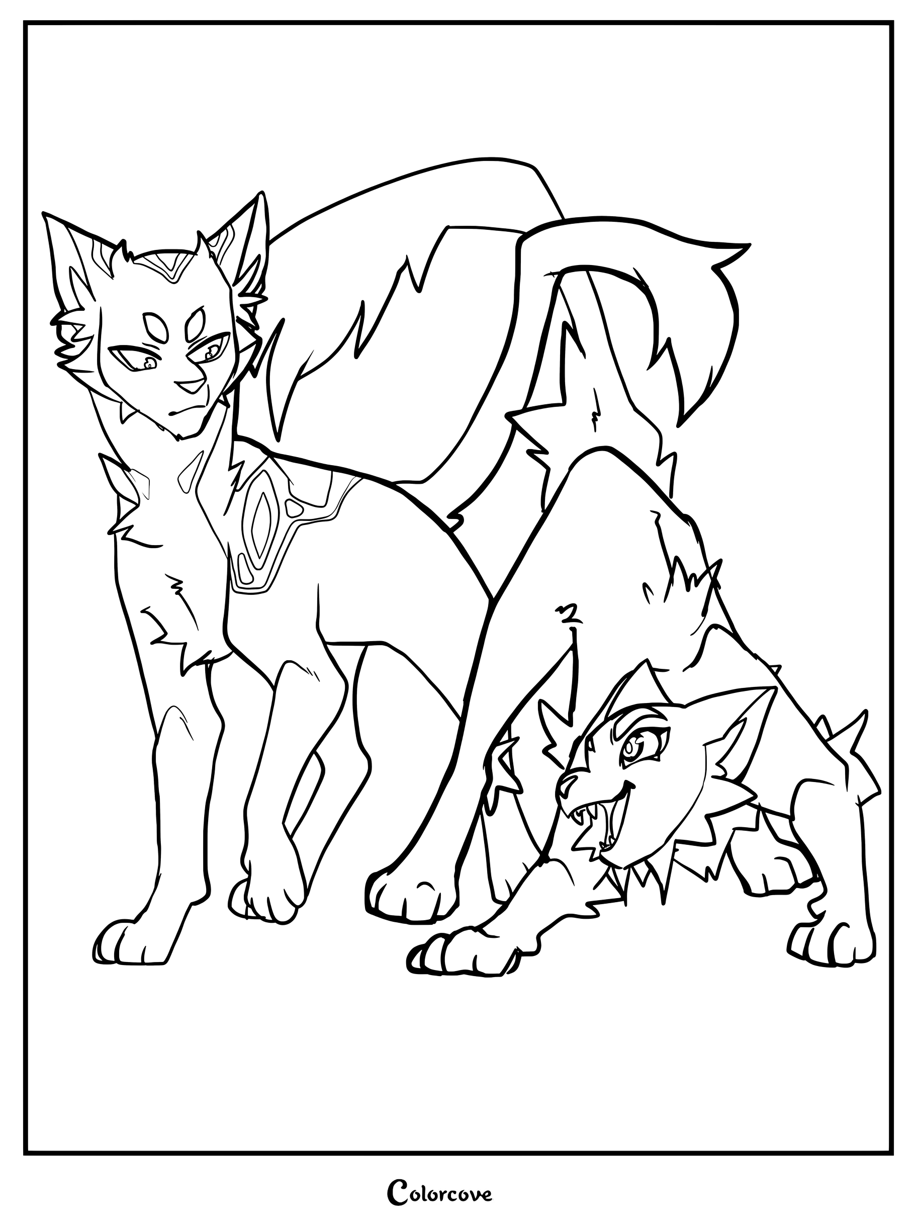 Dibujo para colorear e imprimir de Los Gatos Guerreros con Cenizo y Leonado de pie juntos.