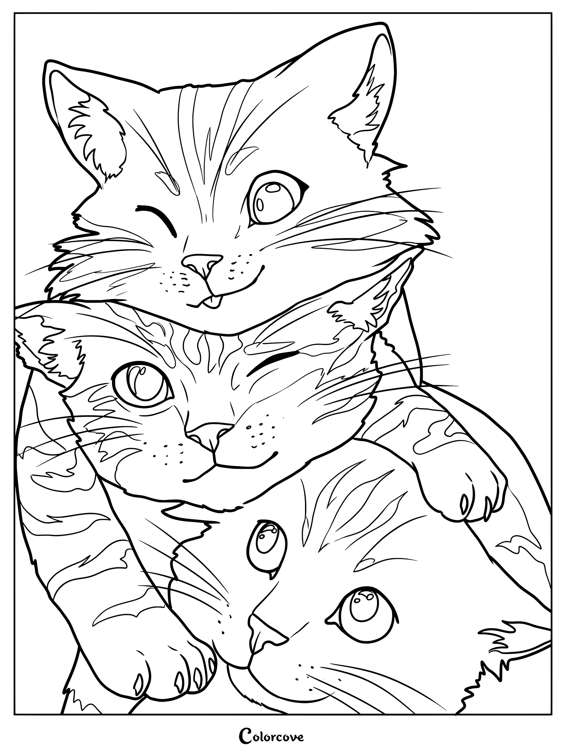 Látigo Gris, Corazón de Fuego y Cuervo de la serie de libros Los Gatos Guerreros en una adorable página para colorear.