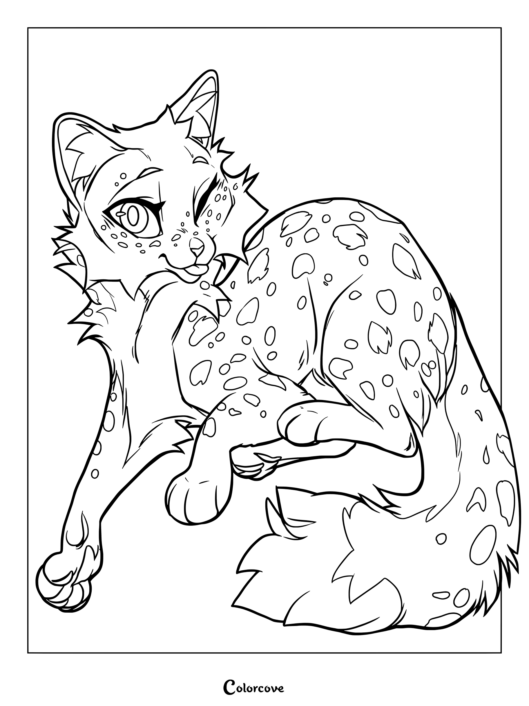 Dibujo para colorear de Los Gatos Guerreros con Redshain, de pelaje moteado y expresión juguetona.