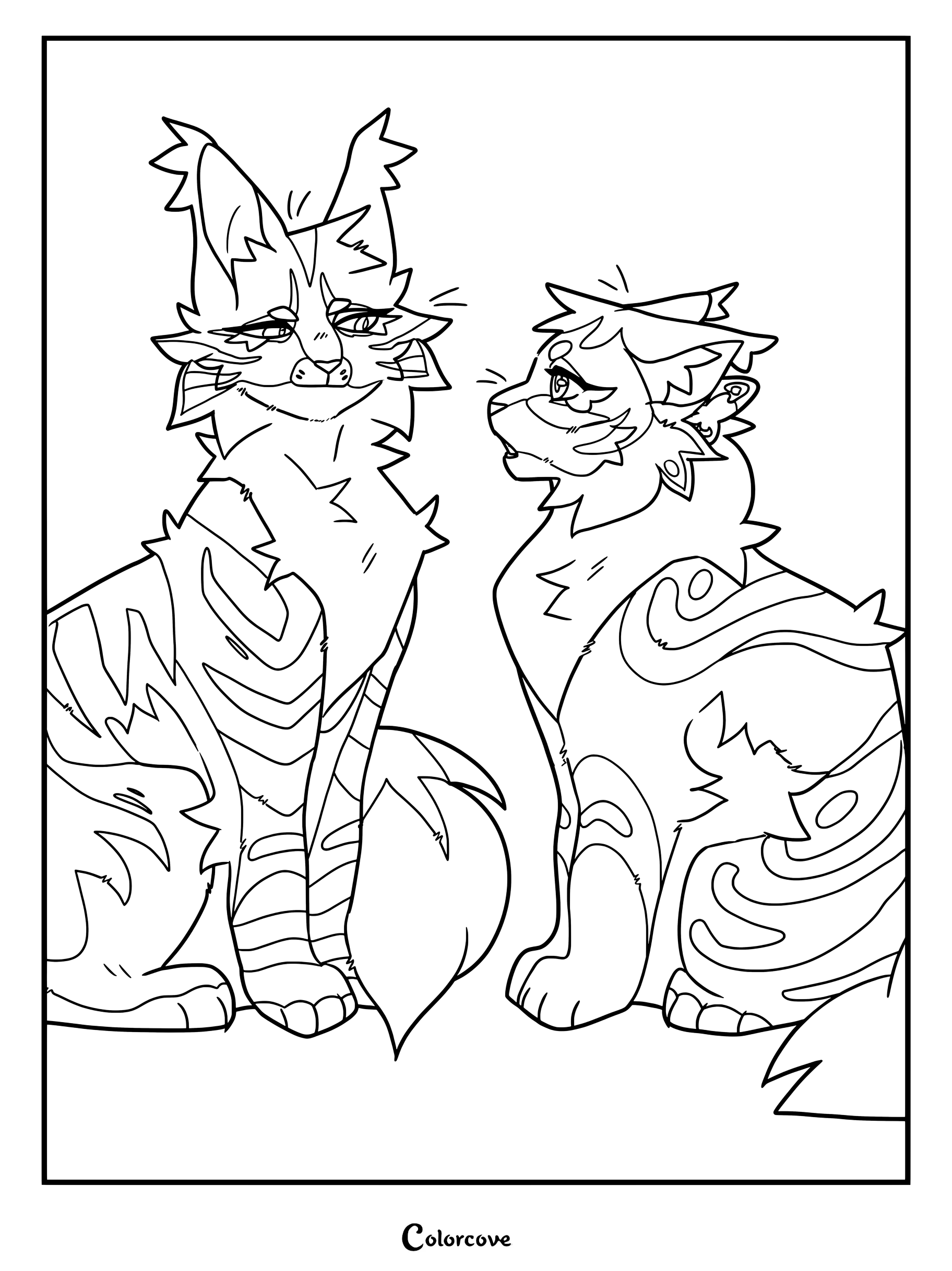 Dibujo para colorear de Los Gatos Guerreros con fan art de Alción a la izquierda como un atigrado marrón oscuro con pecho blanco junto a Ala de Mariposa.