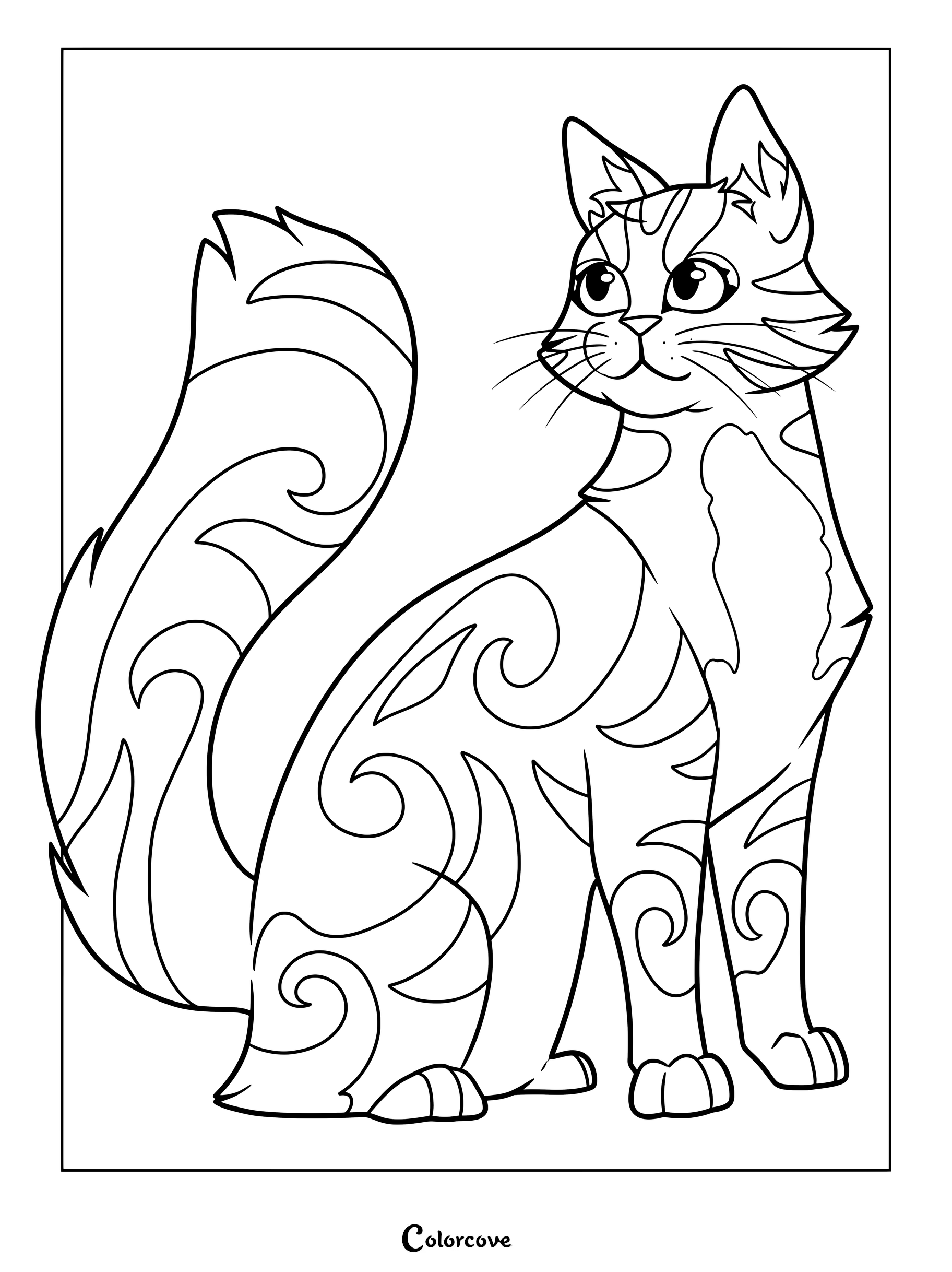 Dibujo para colorear e imprimir de Los Gatos Guerreros con Silverstream, una elegante gata atigrada plateada sentada con cola frondosa.