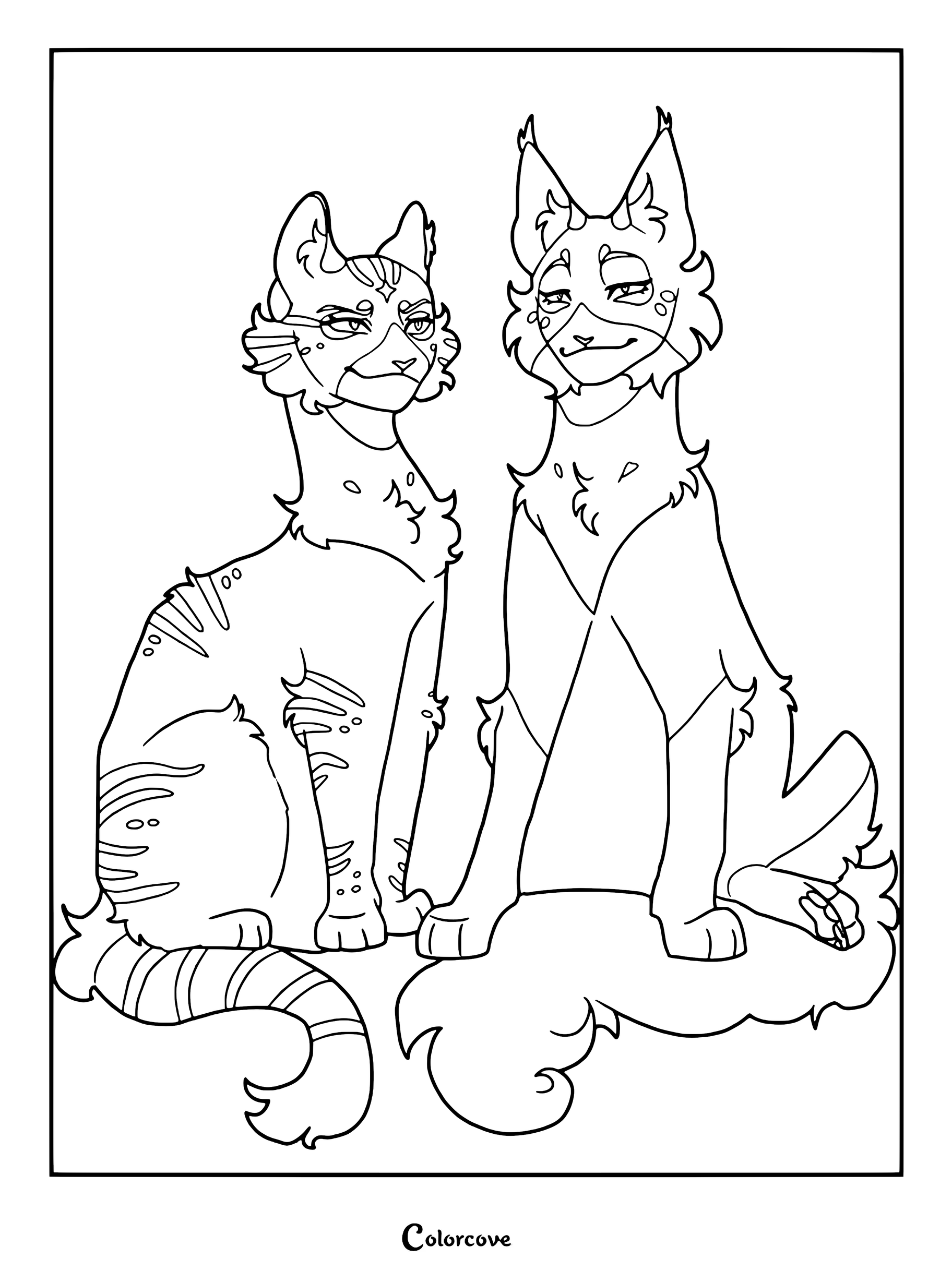 Dibujo para colorear e imprimir de Los Gatos Guerreros con Sparrowfoot y Junipertail sentados juntos.