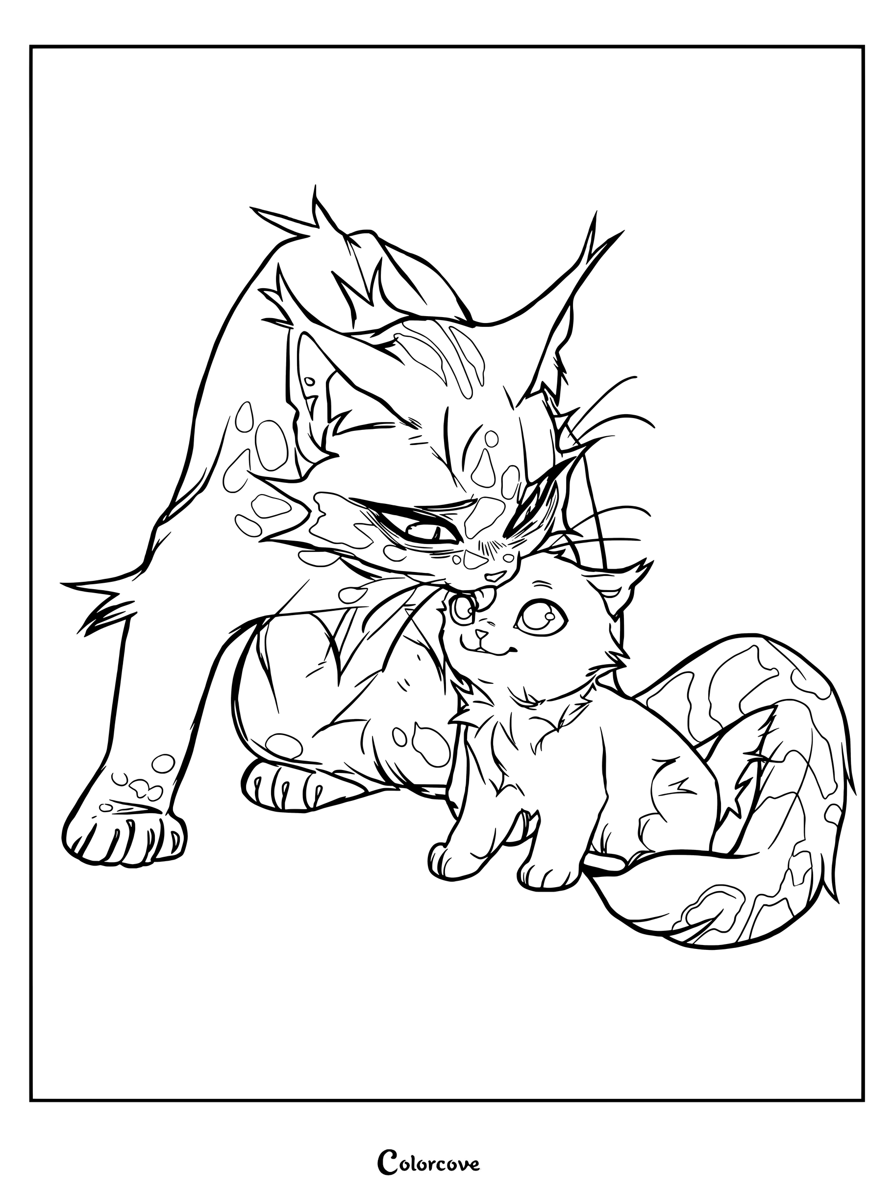 Cola Moteada y su cachorro sordo, Copo de Nieve, de Los Gatos Guerreros en un dibujo para colorear de arte lineal.