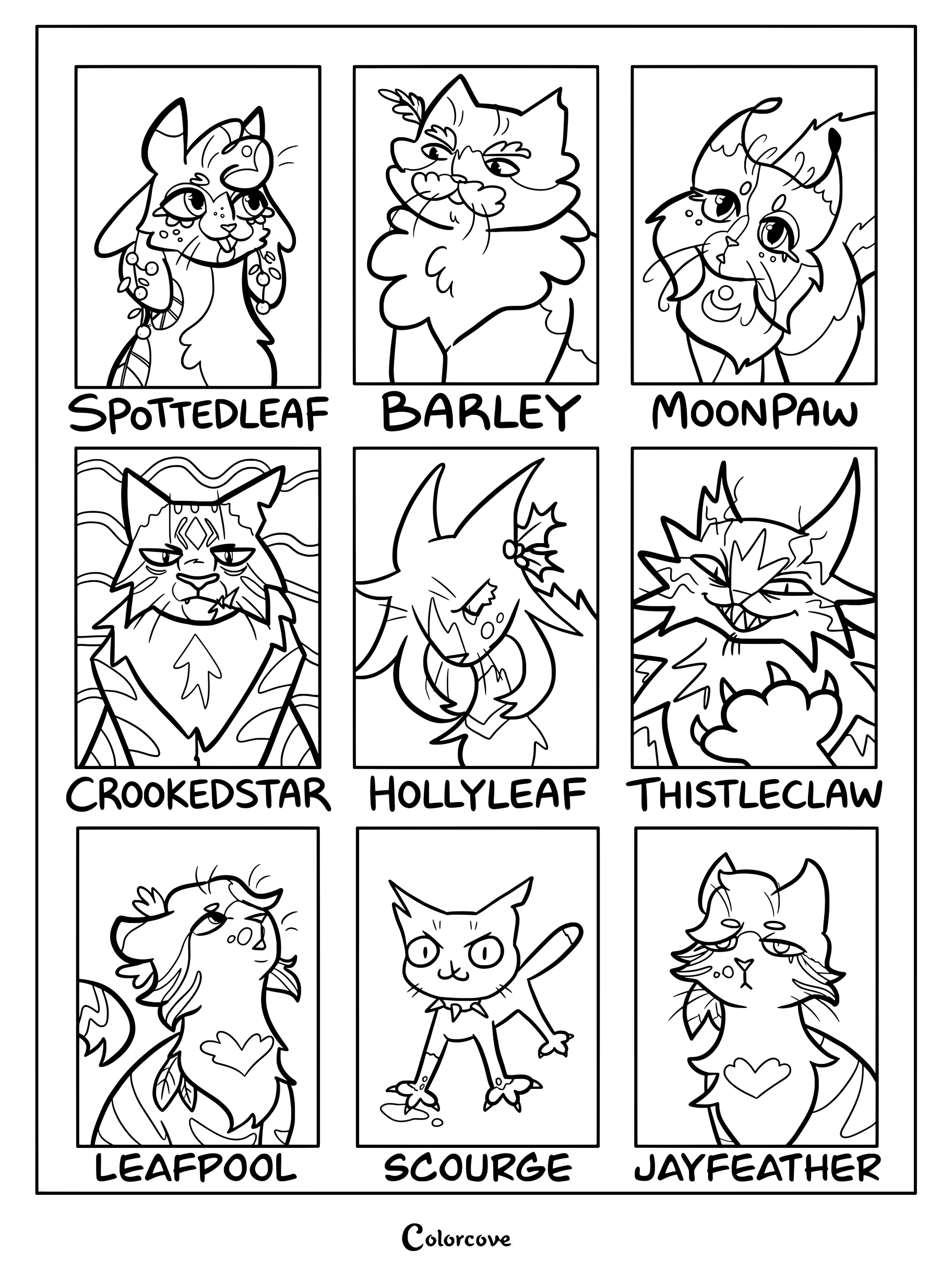 Página para colorear con ficha de personajes de Los Gatos Guerreros que incluye retratos individuales de Jaspeada, Centeno, Zarpa de Luna, Estrella Doblada, Hoja de Acebo, Garra de Cardo, Hoja Acuática, Azote y Glayo.