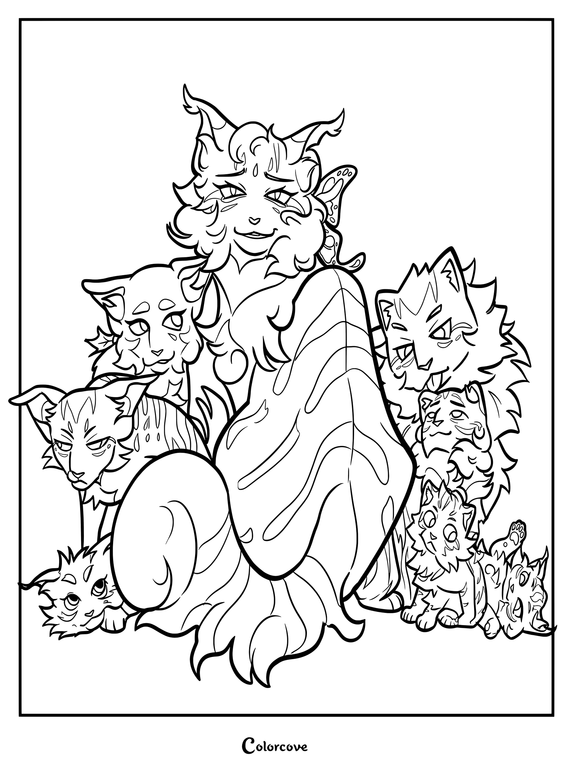 Dibujo para colorear e imprimir de Los Gatos Guerreros con Estrella de Esquirolina y sus cachorros.
