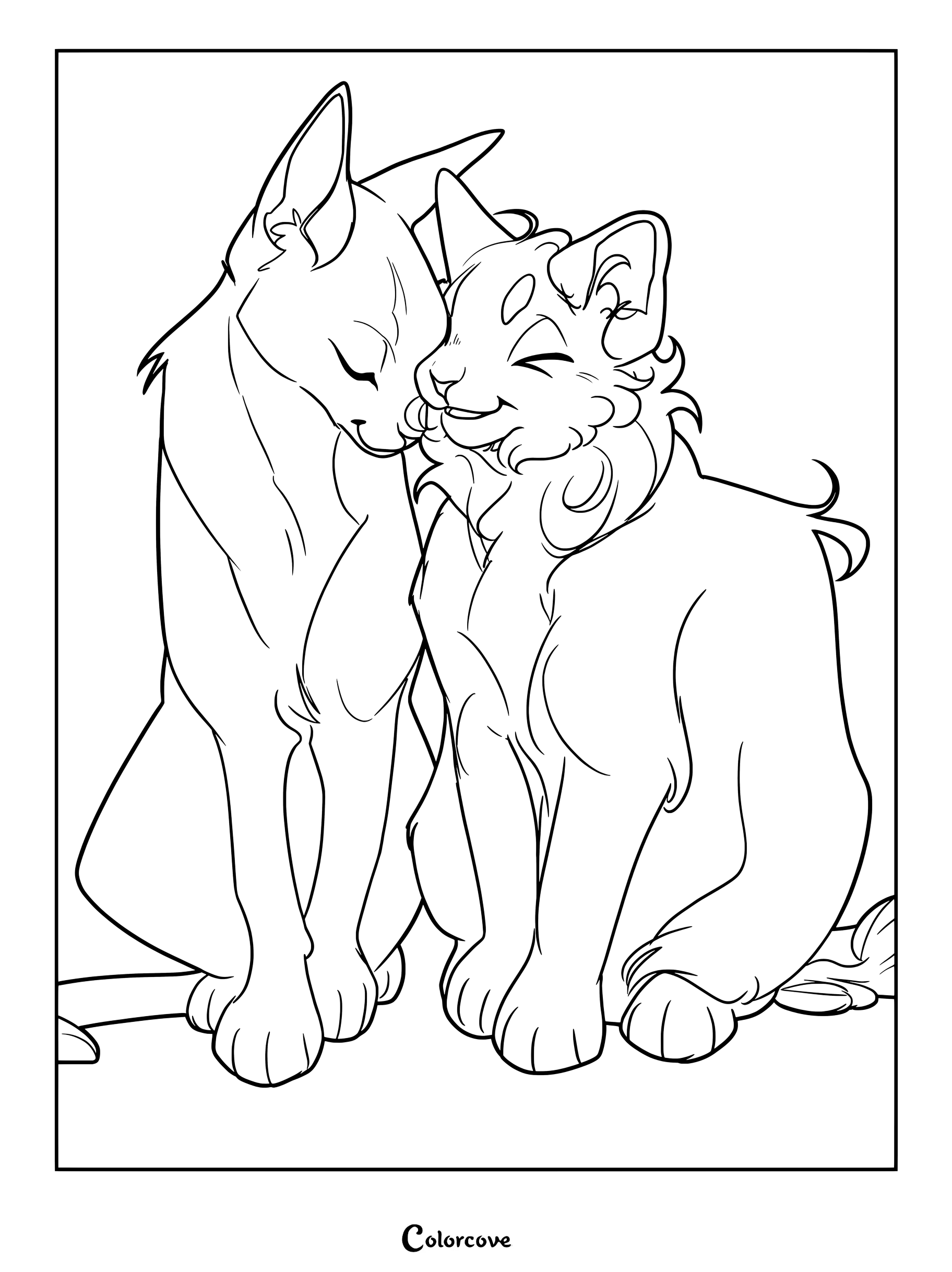 Dibujo para colorear e imprimir de Los Gatos Guerreros con Pelaje Azul y Pelaje de Nieve frotándose las narices con cariño.