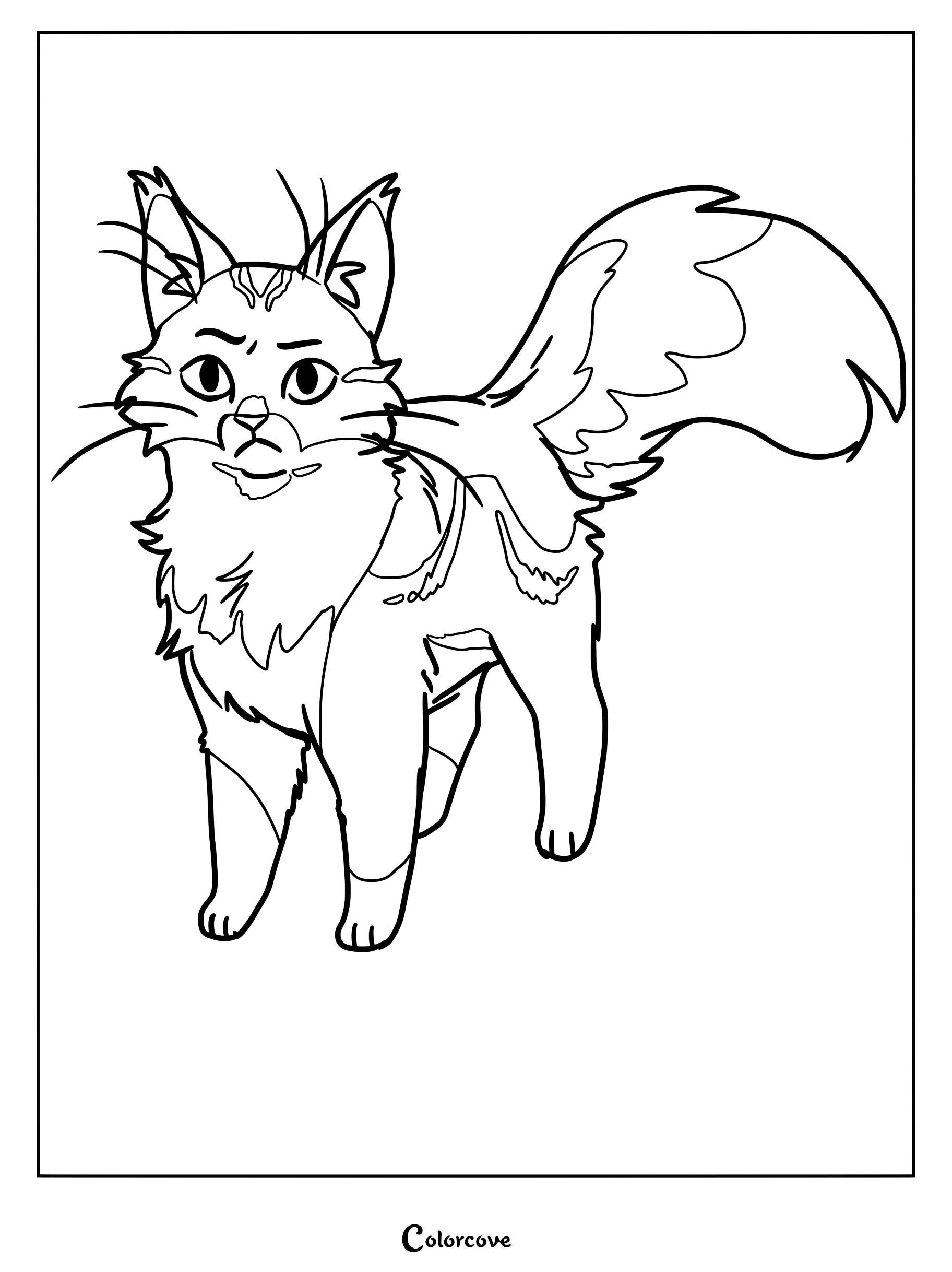 Dibujo para colorear de Los Gatos Guerreros de Estrella de Esquirolina mostrando a una líder felina de ojos oscuros y peluda de pie con la cola en alto.