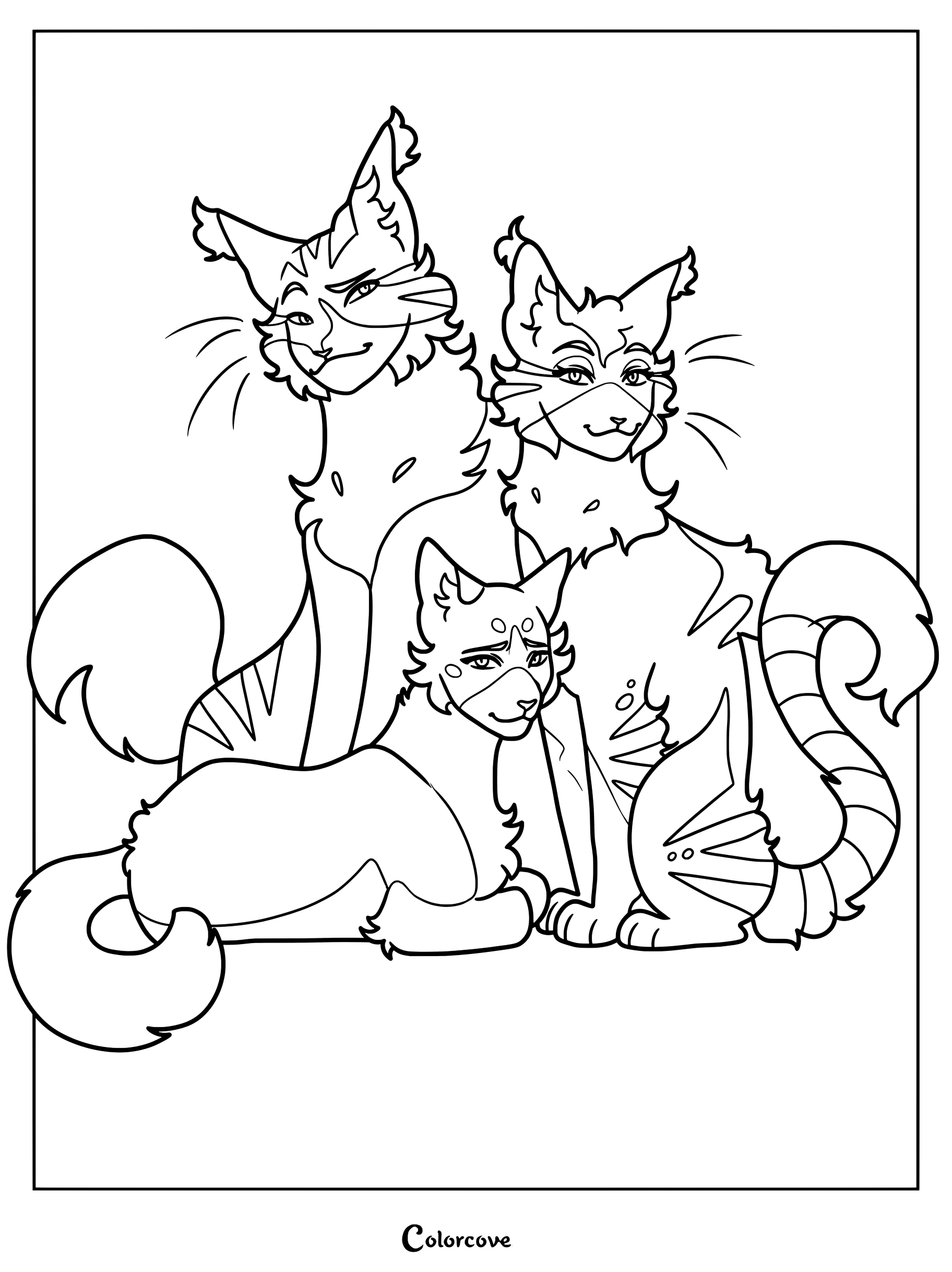 Dibujo para colorear e imprimir de Los Gatos Guerreros con Sundapple, Dawnfire y Nariz de Bayo juntos.