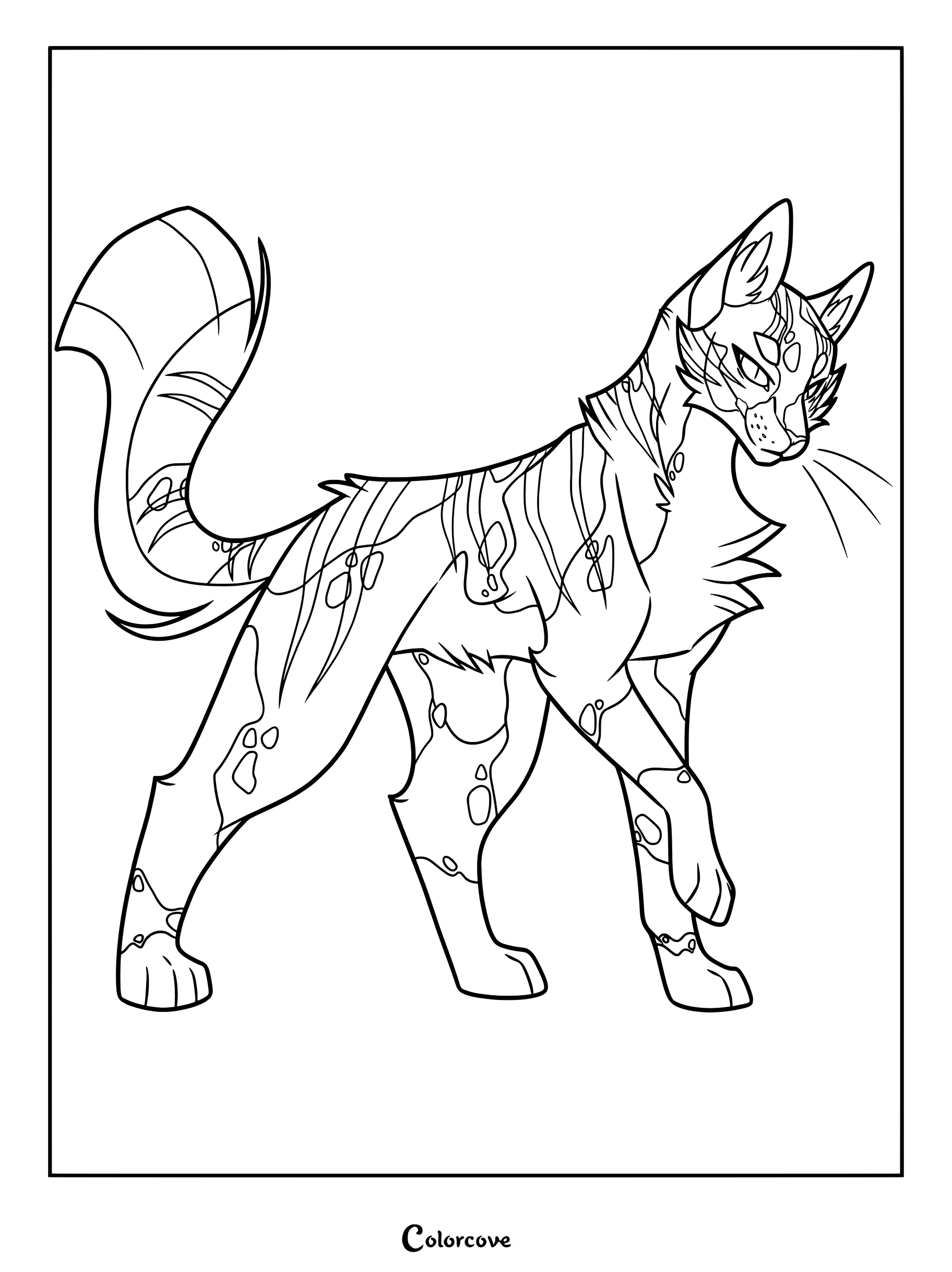 Dibujo para colorear e imprimir de Tawnypelt de Los Gatos Guerreros, con una gata carey de pie con la cola levantada.