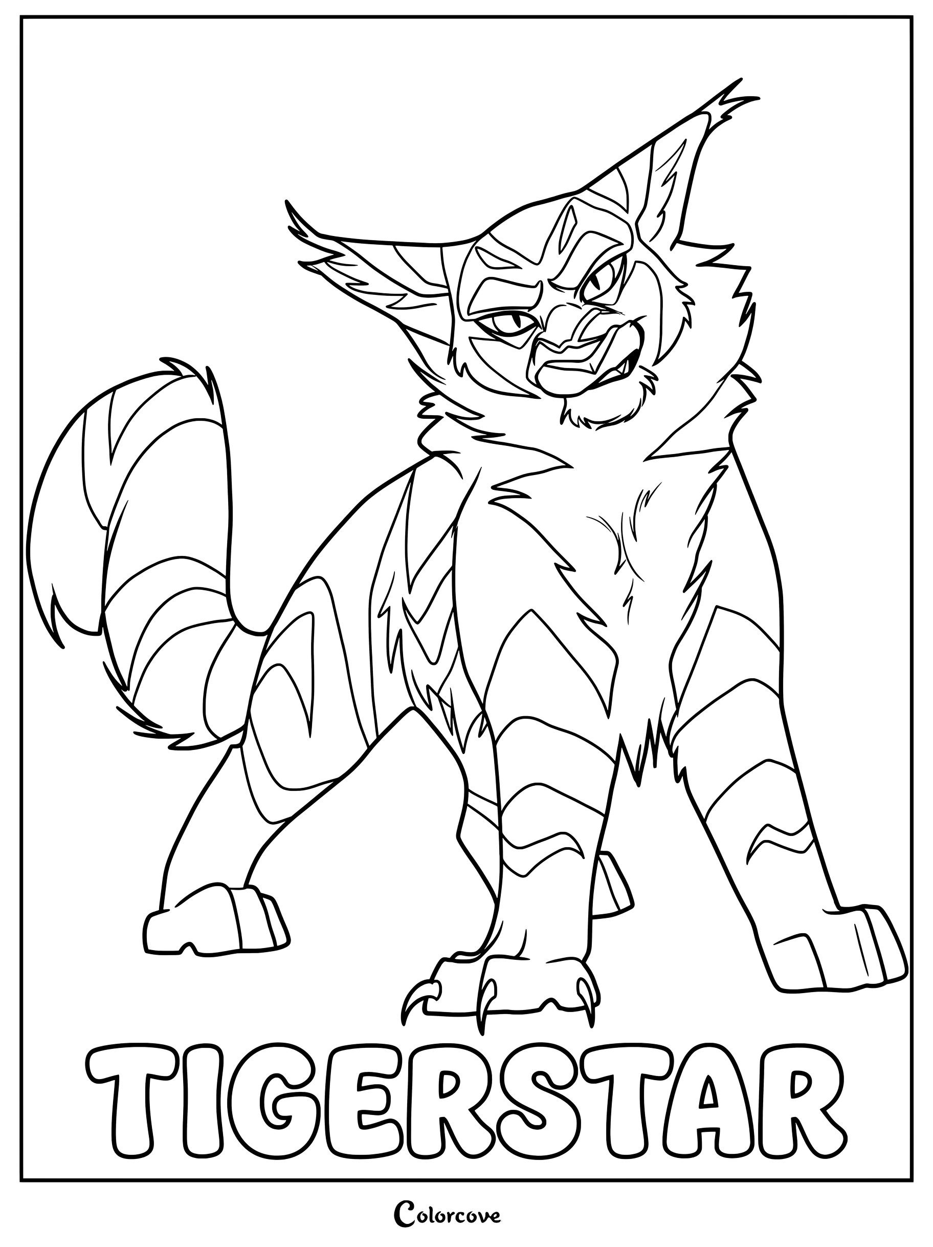 Estrella de Tigre gruñendo con los dientes al descubierto en este dibujo para colorear de Los Gatos Guerreros.
