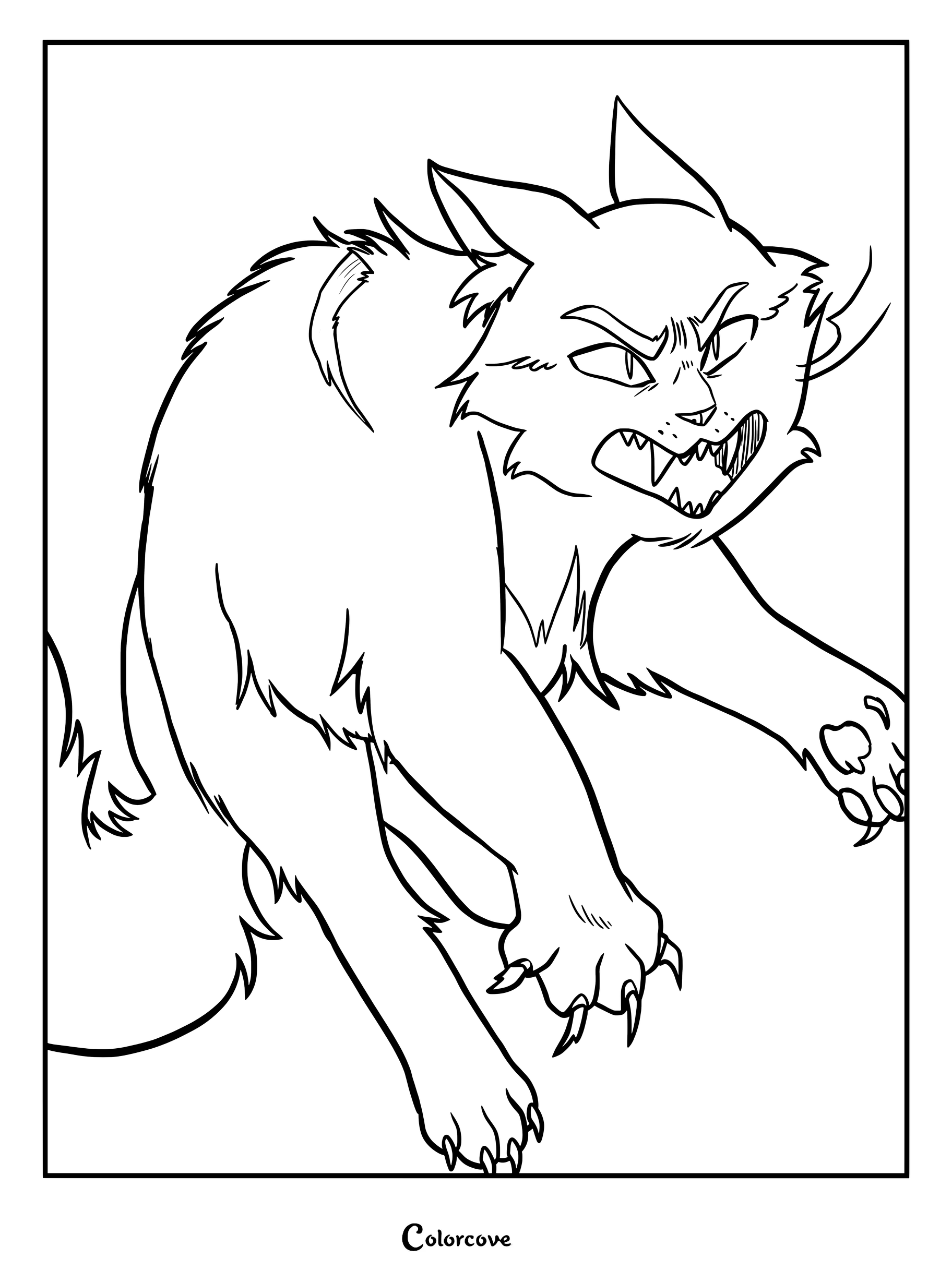 Dibujo para colorear de Estrella Azul de Los Gatos Guerreros gruñendo con las garras fuera en pose de batalla.