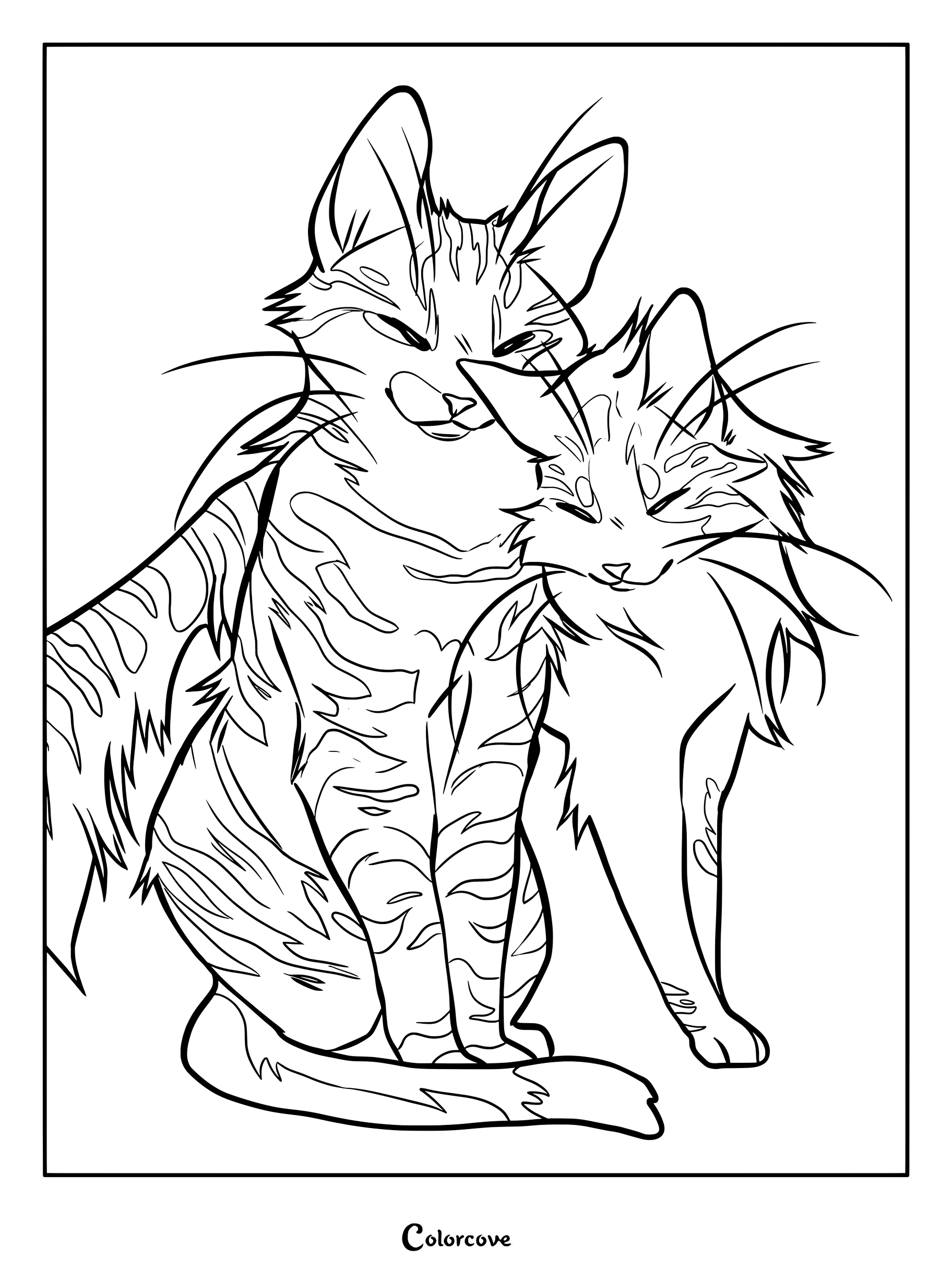 Dibujo para colorear e imprimir de Manto de Helecho y Cola de Acedera de Los Gatos Guerreros acurrucándose muy juntos.