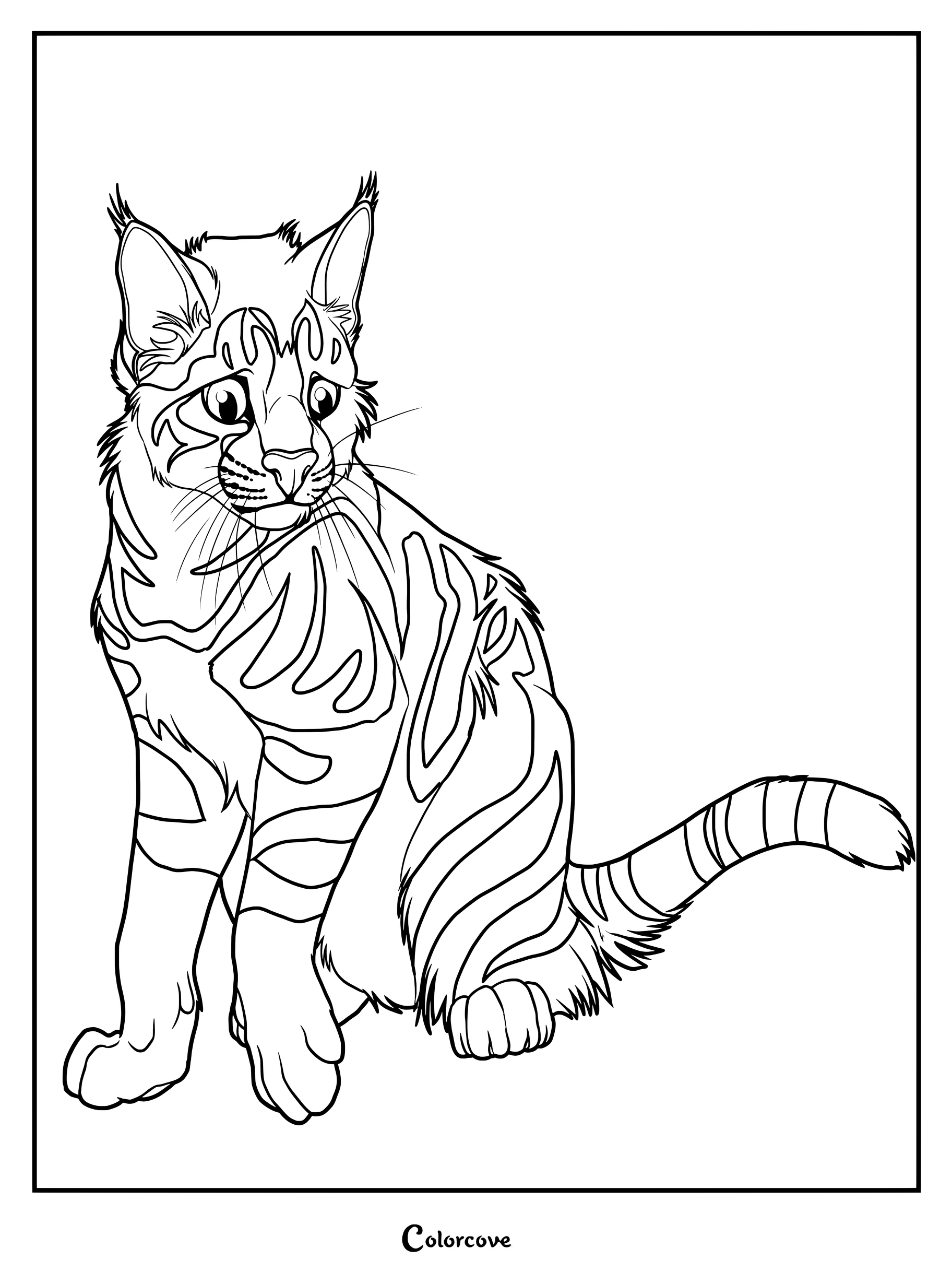 Zarpa de Espino sentado alerta con marcas atigradas en un dibujo para colorear de Los Gatos Guerreros