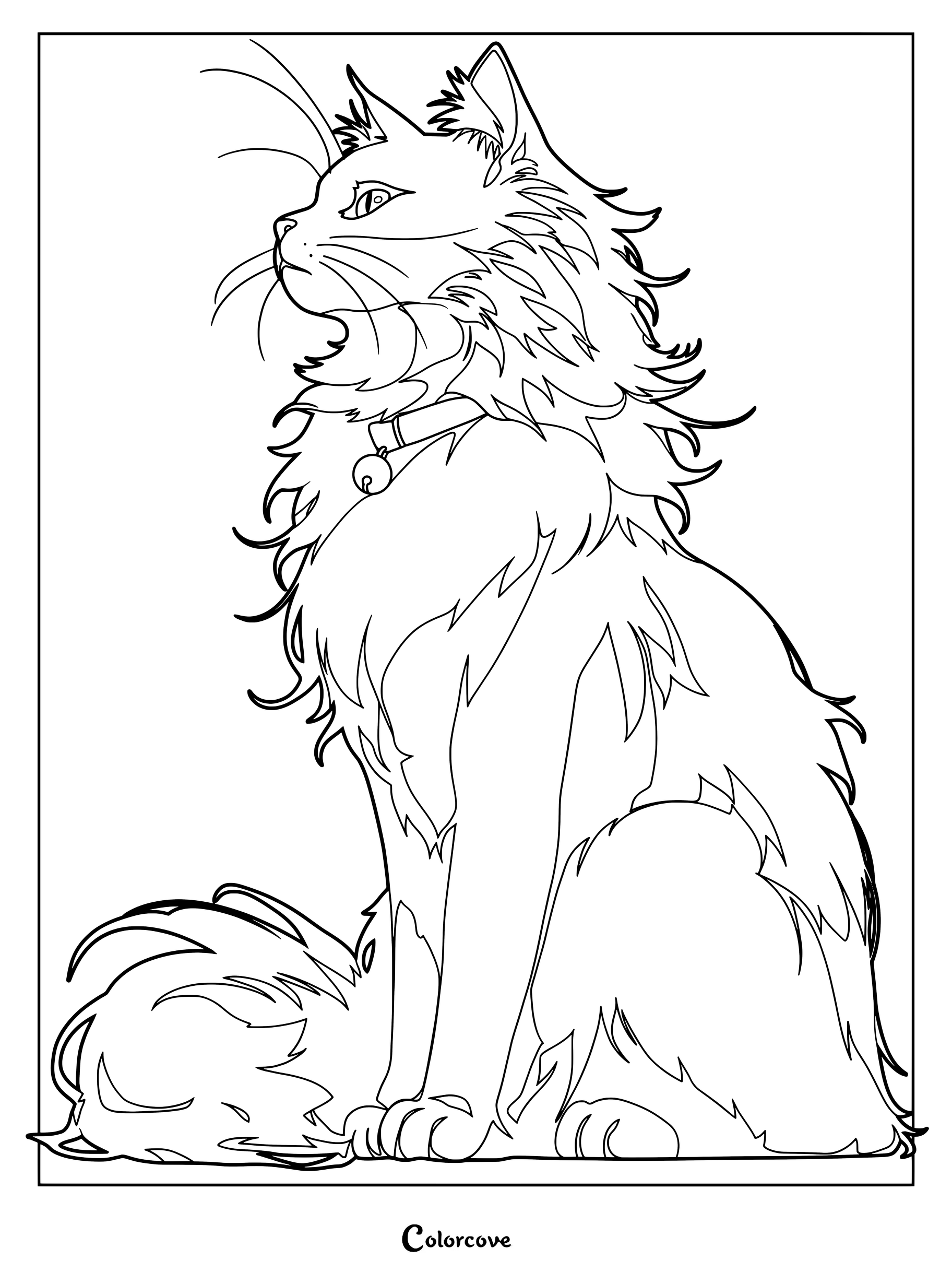 Dibujo para colorear de Cloudtail de Los Gatos Guerreros, con un gato blanco de pelo largo con collar y cascabel.