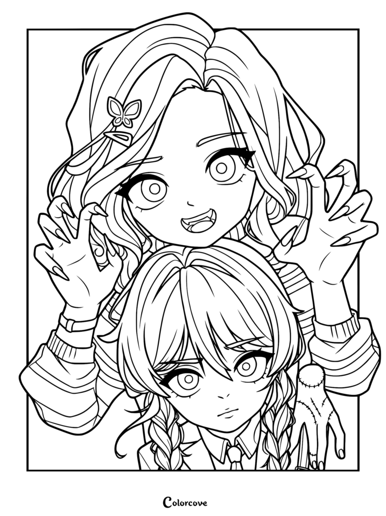 Chibi-style coloring page featuring Enid Sinclair with werewolf claws behind a stoic Wednesday Addams with Thing on her shoulder.