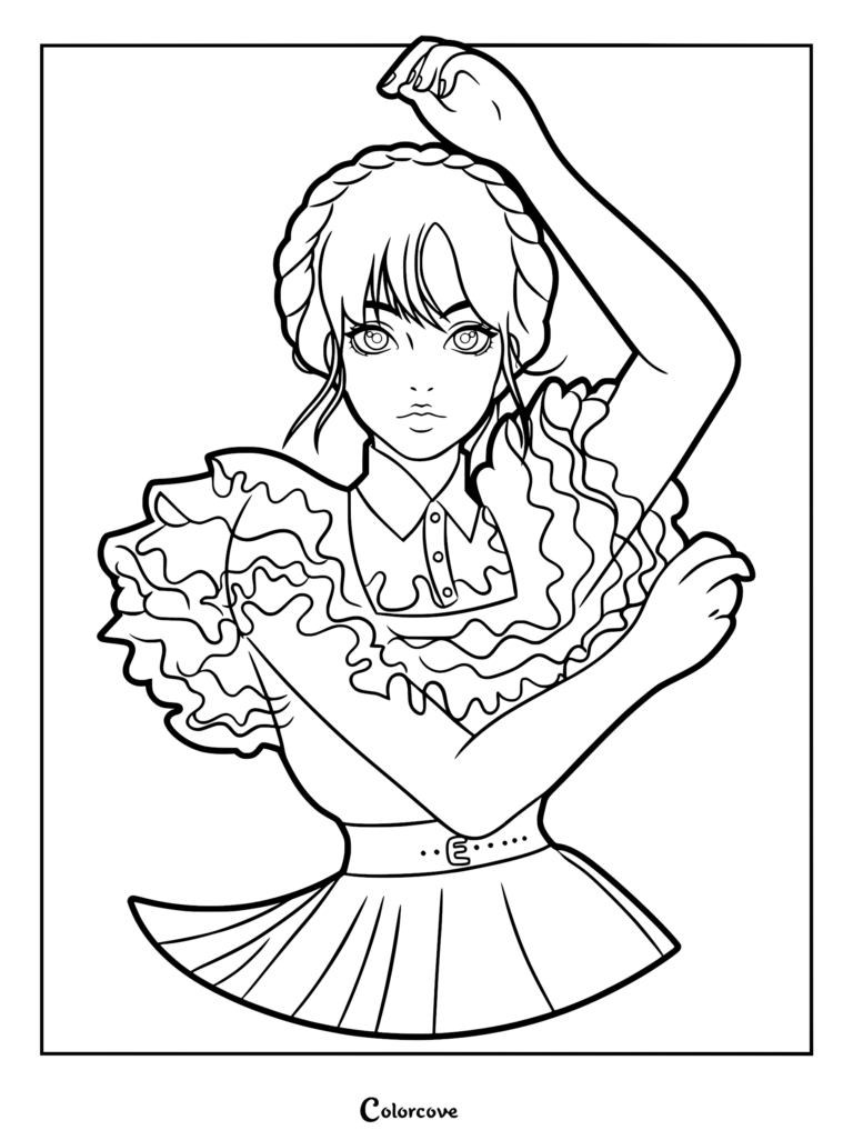 A detailed line art coloring page of Wednesday Addams in her iconic ruffled dress, posing with one arm raised in a dance move, featuring her signature braided hair.