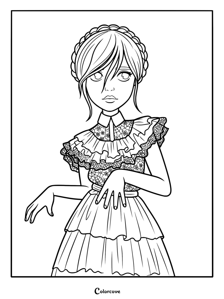Wednesday Addams wearing a detailed lace-collared dress with a braided hairstyle, presented as a printable line art coloring page.
