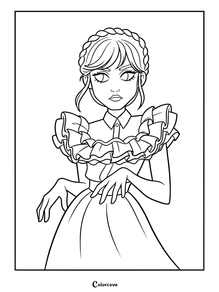A detailed line art coloring page of Wednesday Addams featuring her signature braided hairstyle and a dress with large, layered ruffles around the shoulders.