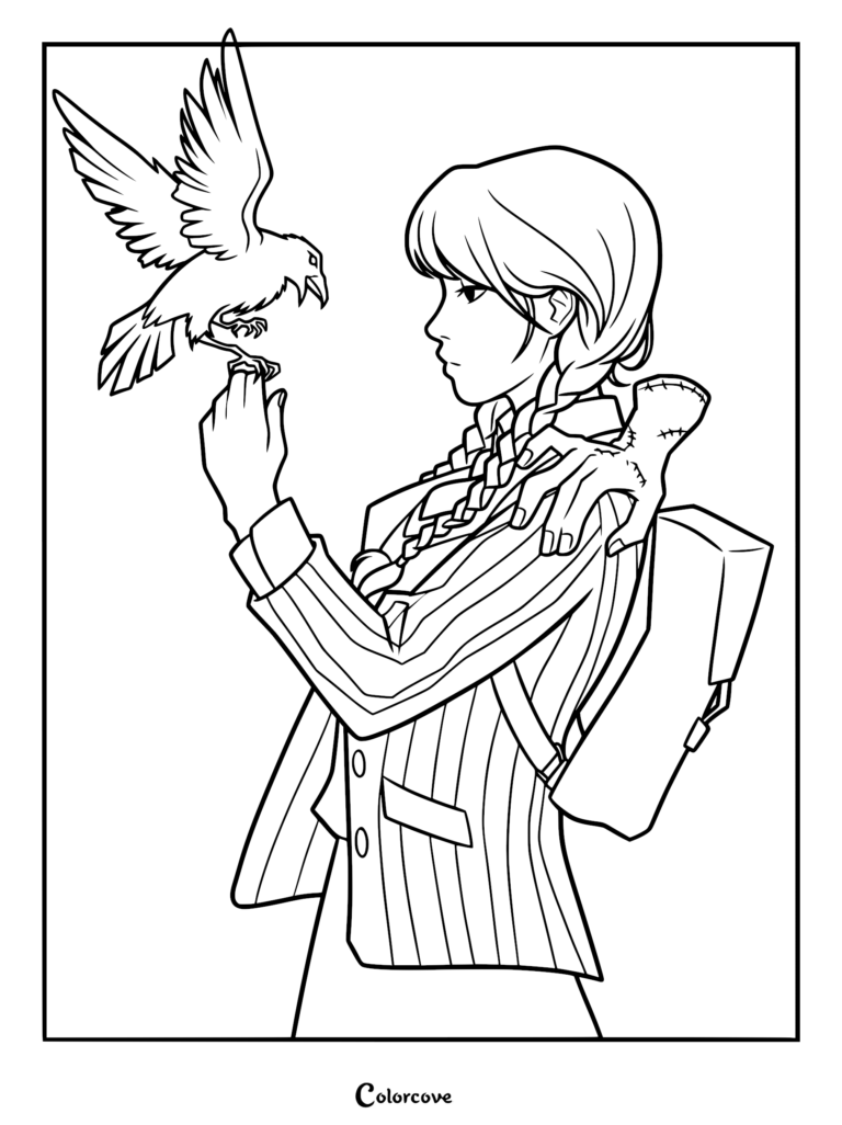 Wednesday Addams wearing her Nevermore Academy uniform with Thing resting on her shoulder and a raven perched on her finger in this printable coloring page.