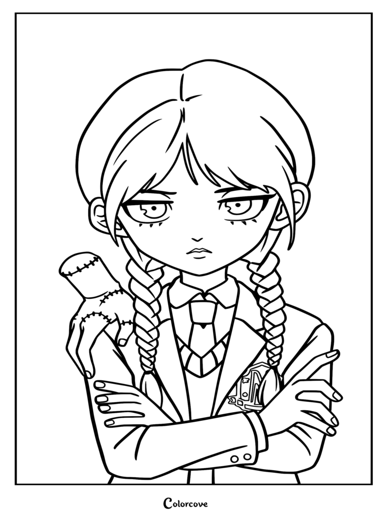 A printable coloring page featuring a chibi-style Wednesday Addams with her signature braided hair and Nevermore Academy uniform, with Thing resting on her shoulder.